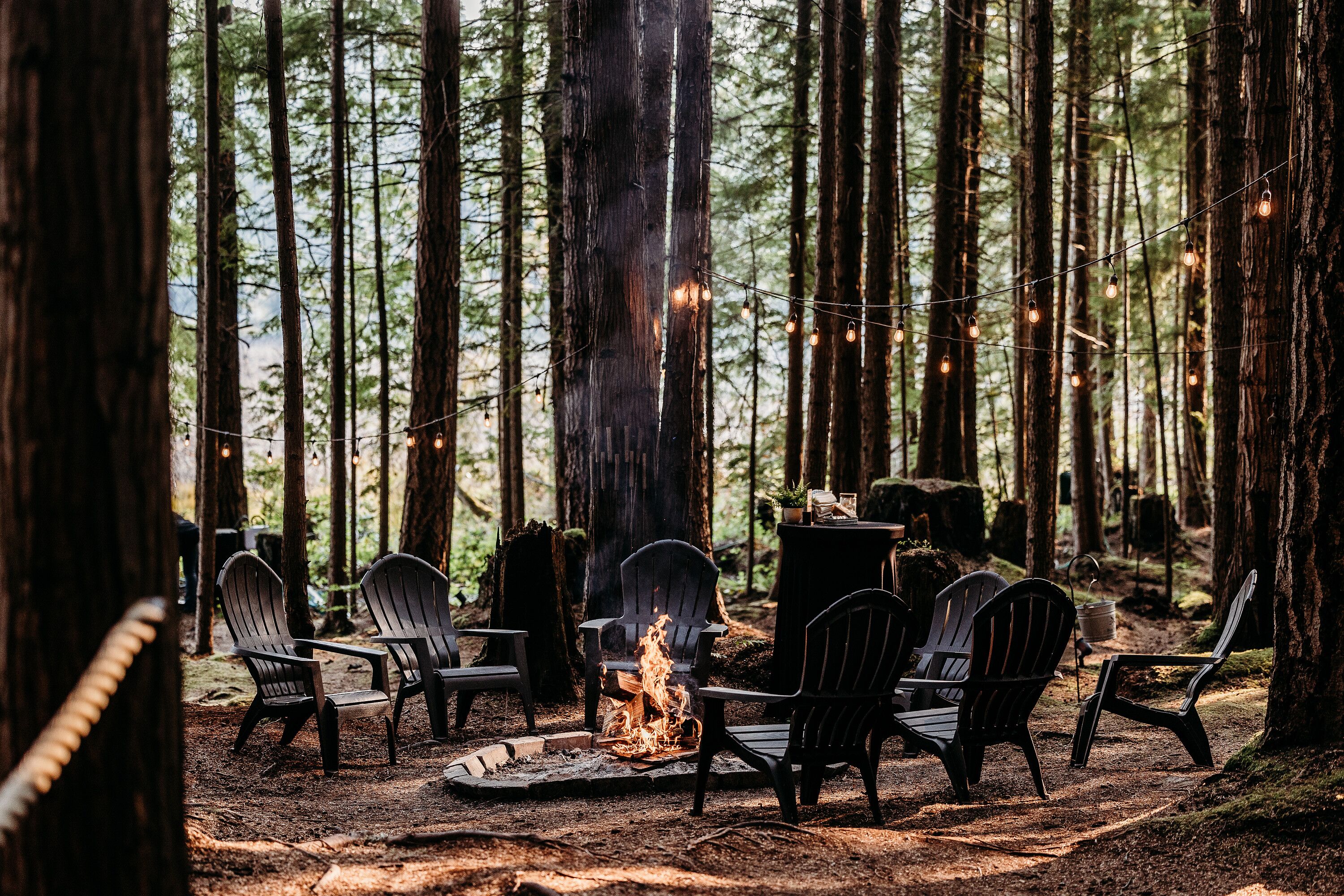 Wooden Adirondack Chairs Around Forest Fire Pit Under String Lights, Trees