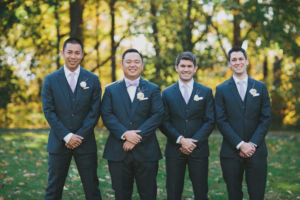 Groom with His Groomsmen in Gray Suits and Matching Pocket Squares