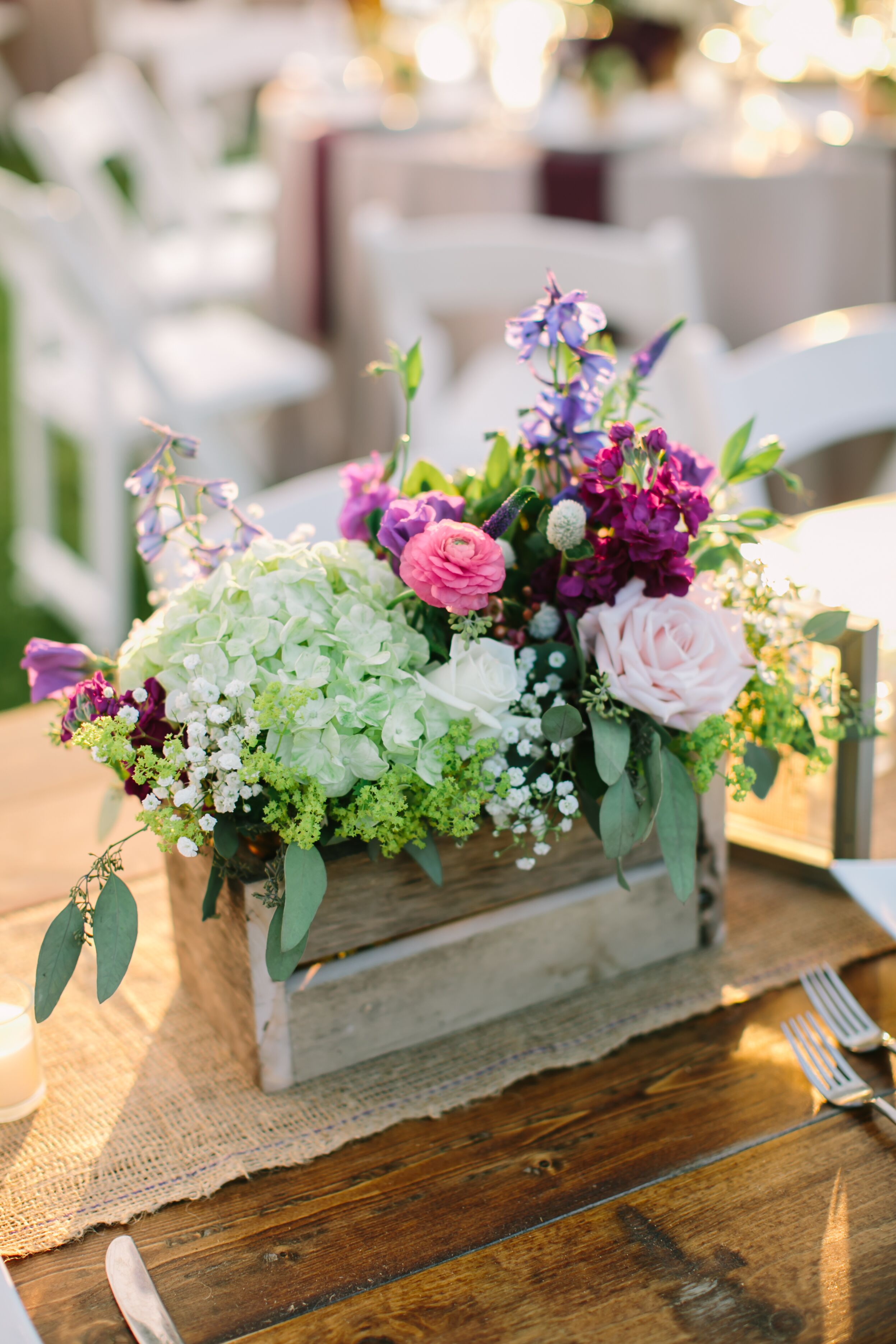 Rustic Hydrangeas and Purple Wildflower Centerpieces