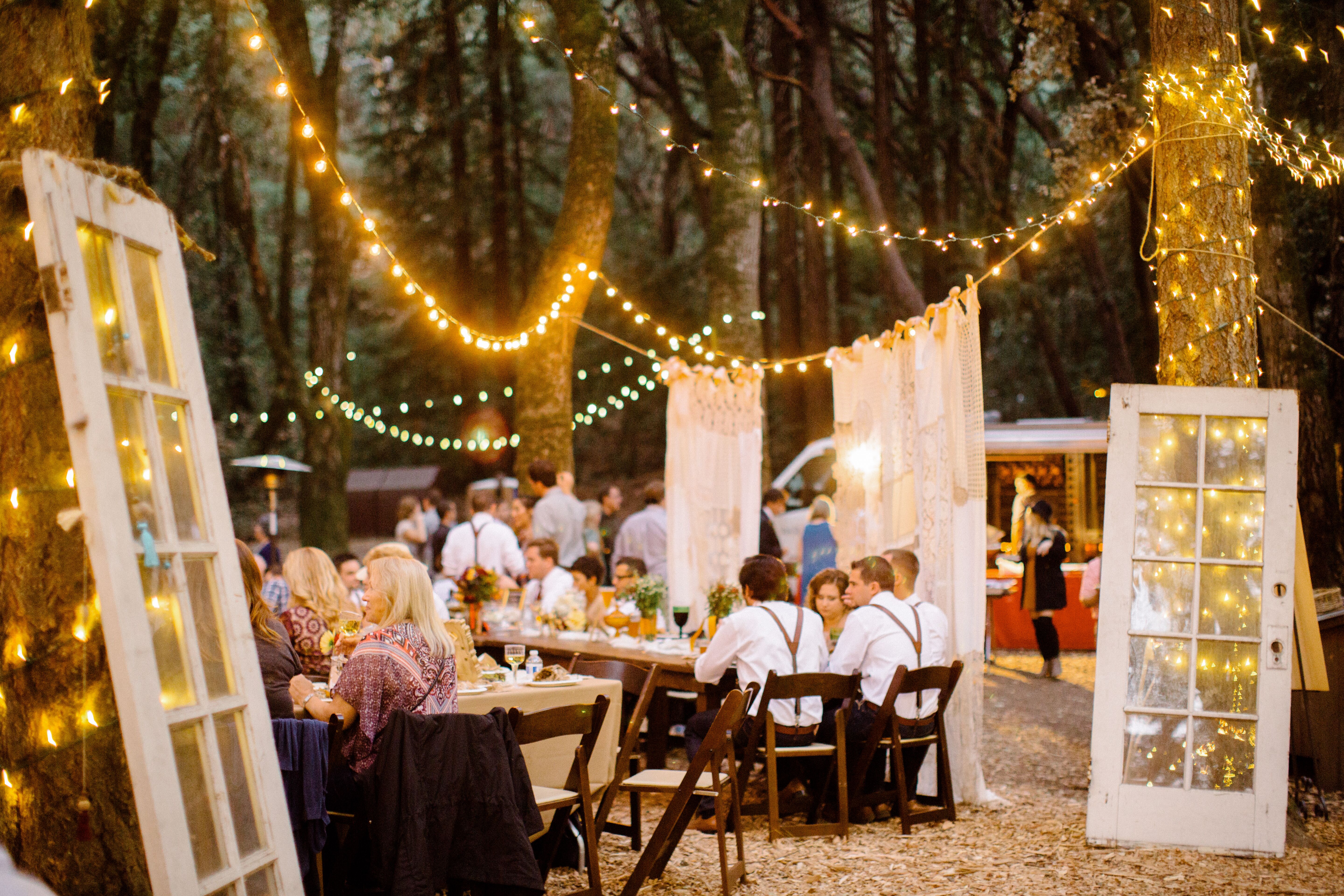 Outdoor Reception Setup With Market Lights