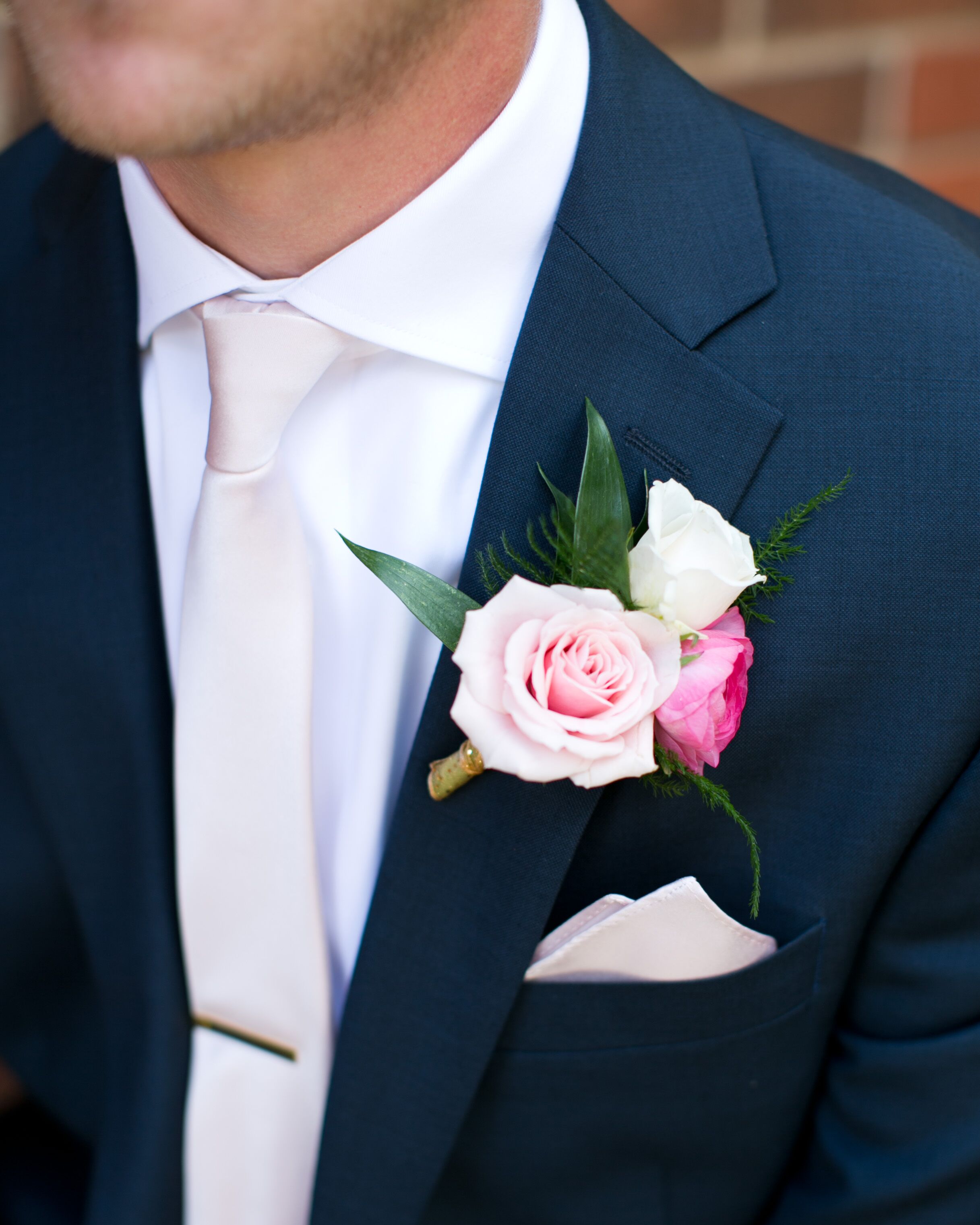 Hot pink ribbon and white Rose Wedding Boutonnieres 