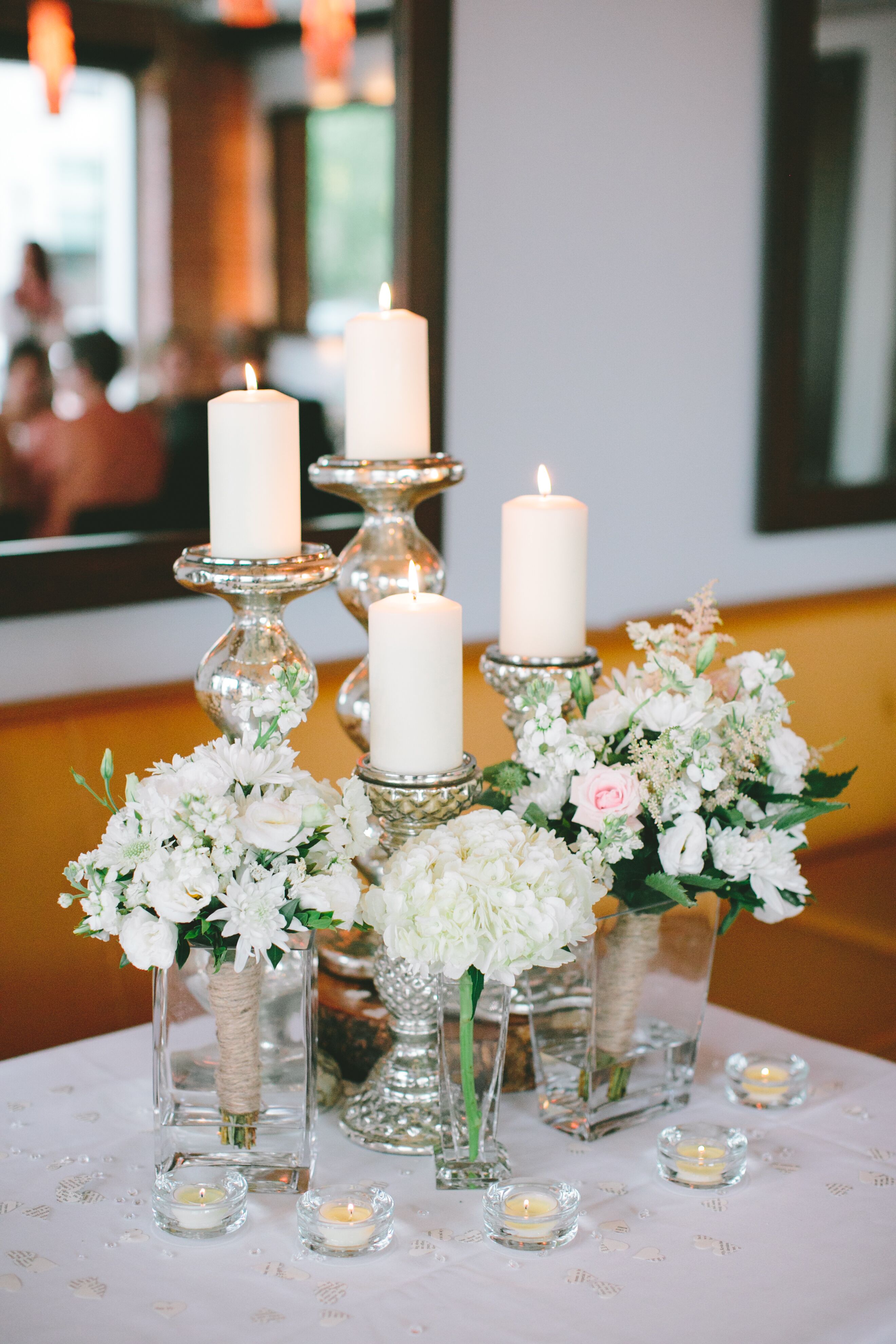 White Candle and Bridal Bouquet Reception Centerpieces