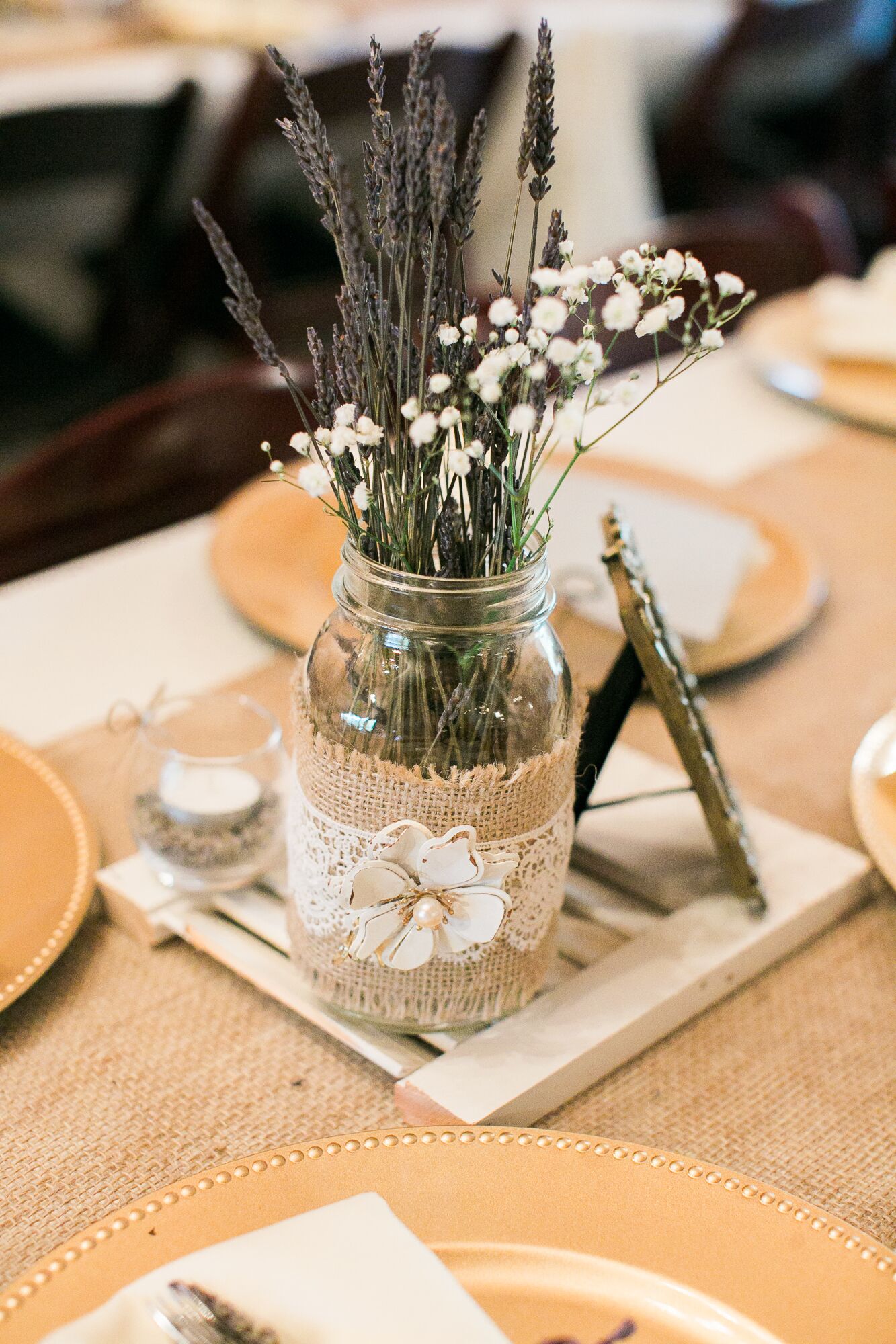 Lavender, Baby's Breath Rustic Jar Centerpiece