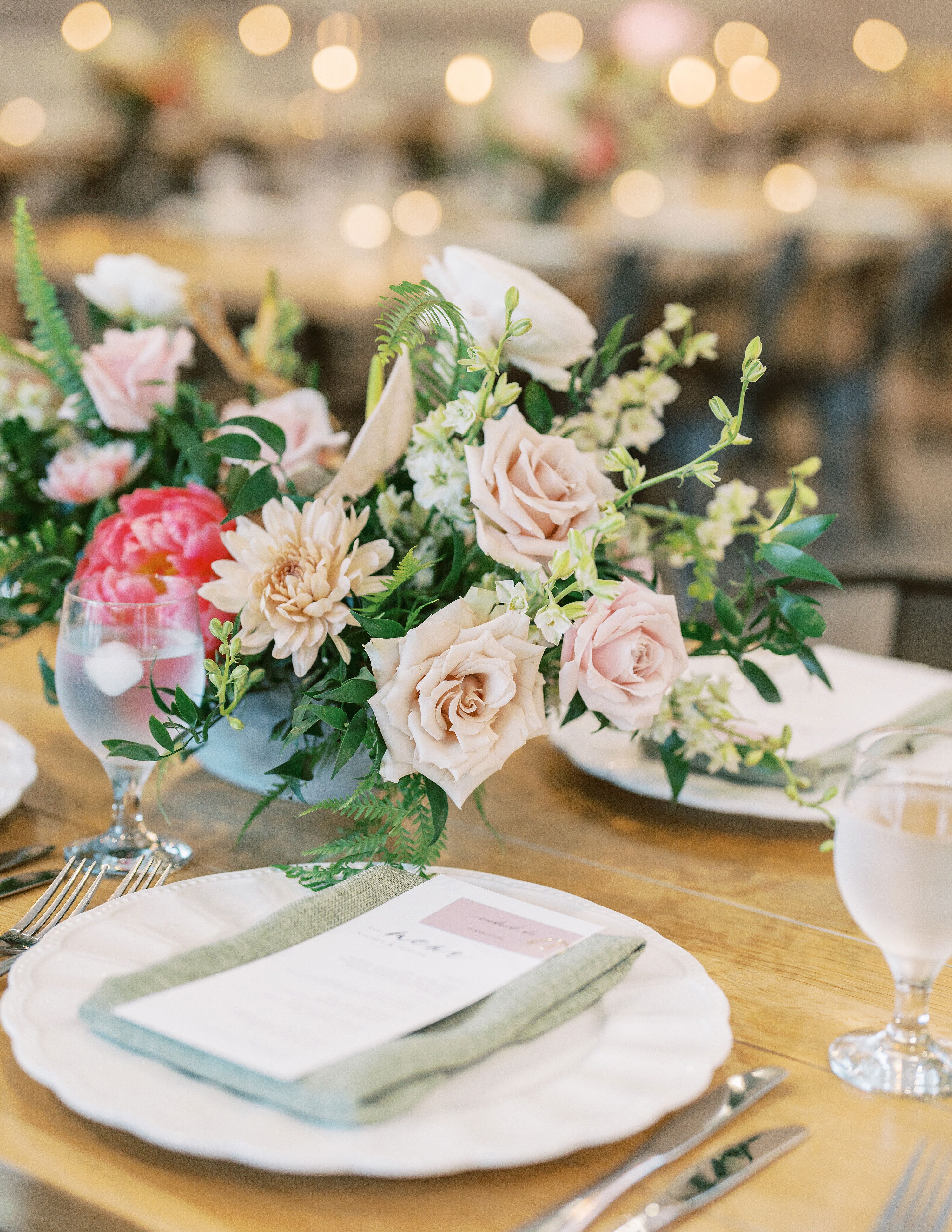 Low Centerpiece With Blush, Coral and Pink and a Custom Menu