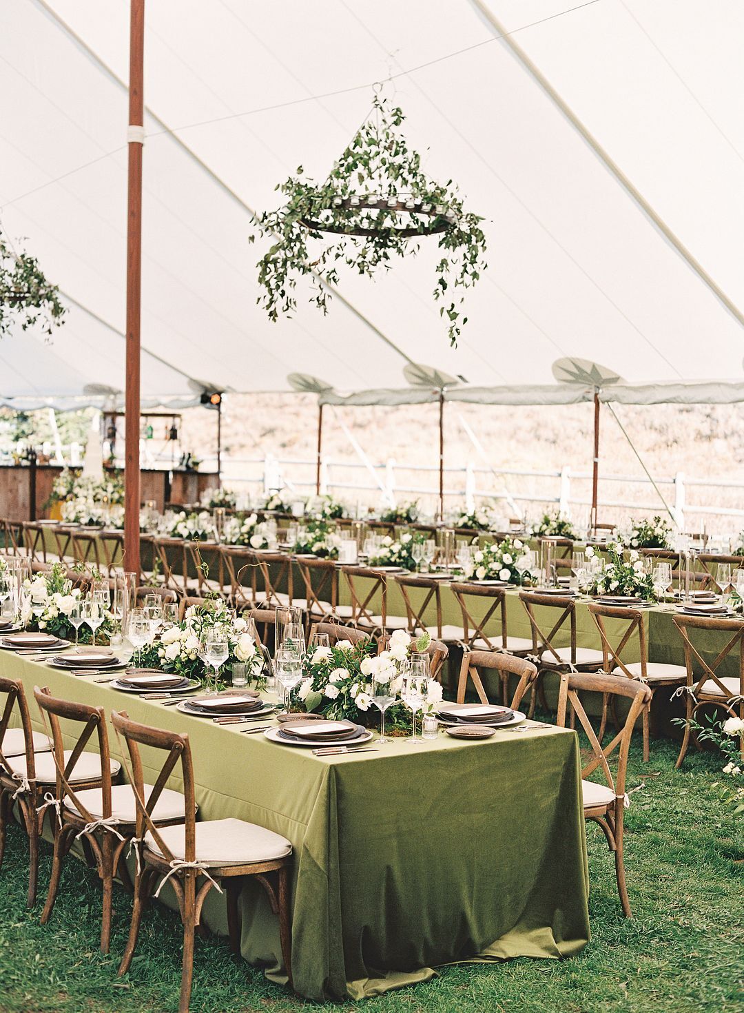 Long Reception Tables With Green Velvet Linens