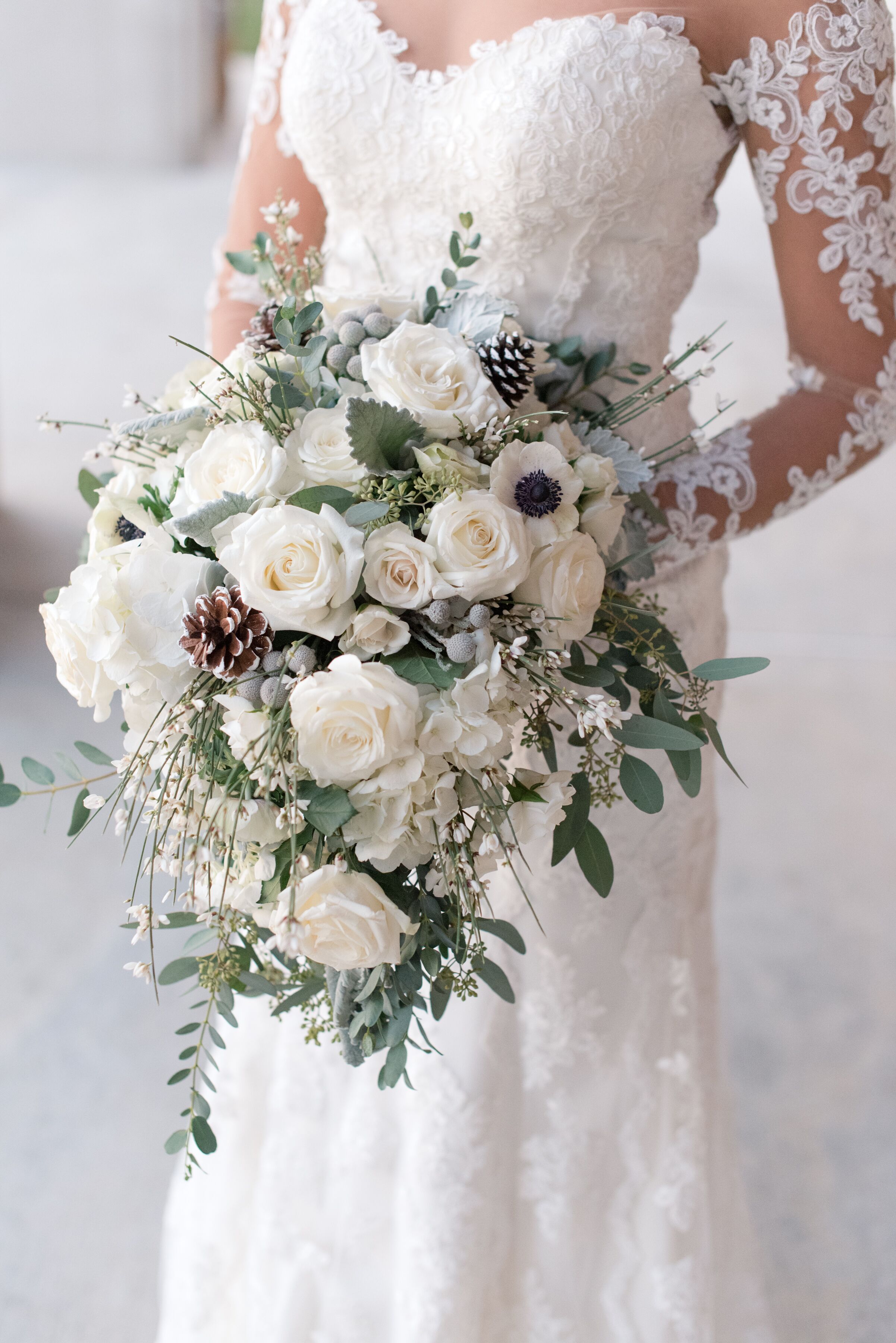 Wintery White Rose Pine Cone and Silver Brunia Bouquet