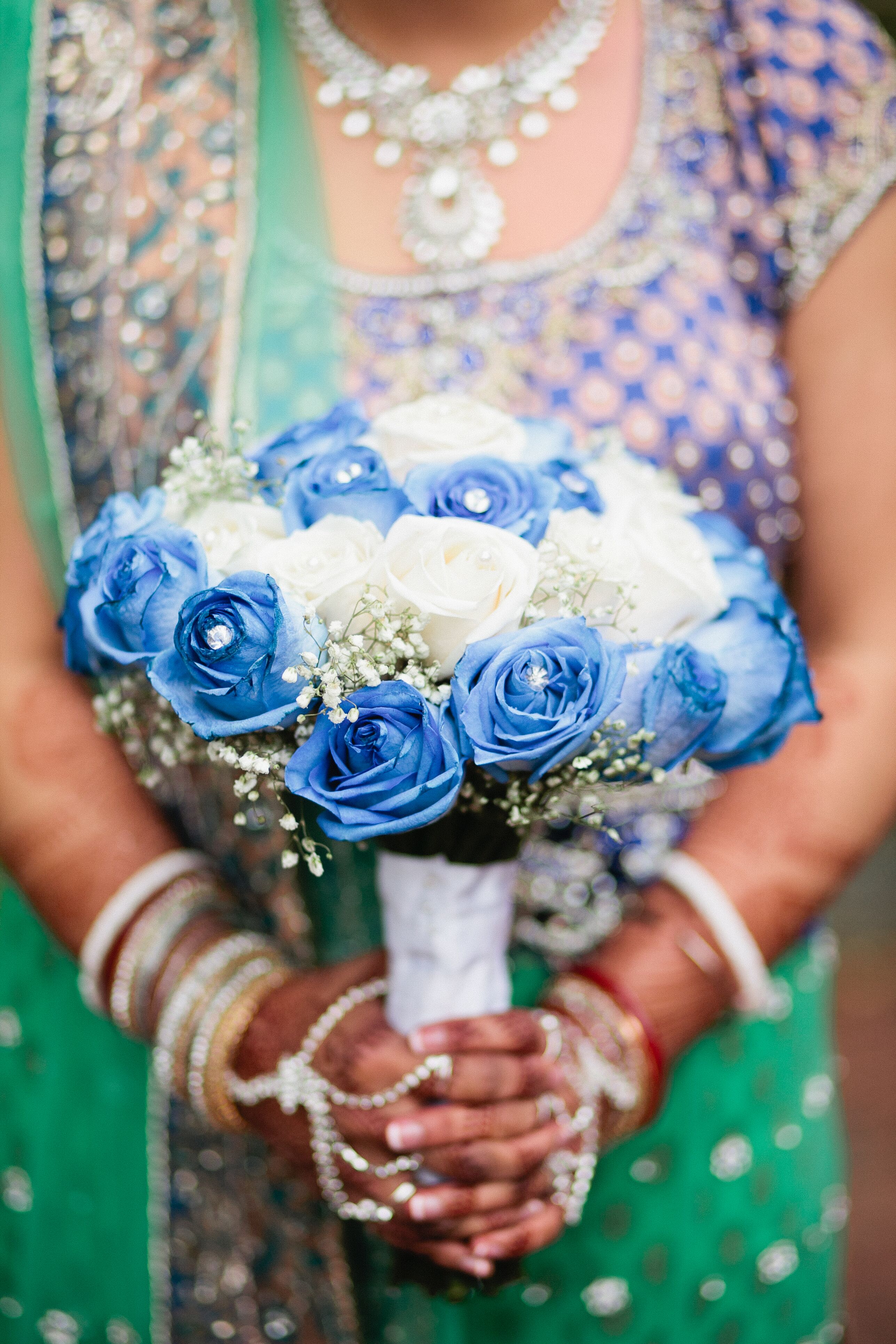 Blue and White Rose Bouquet with Rhinestones