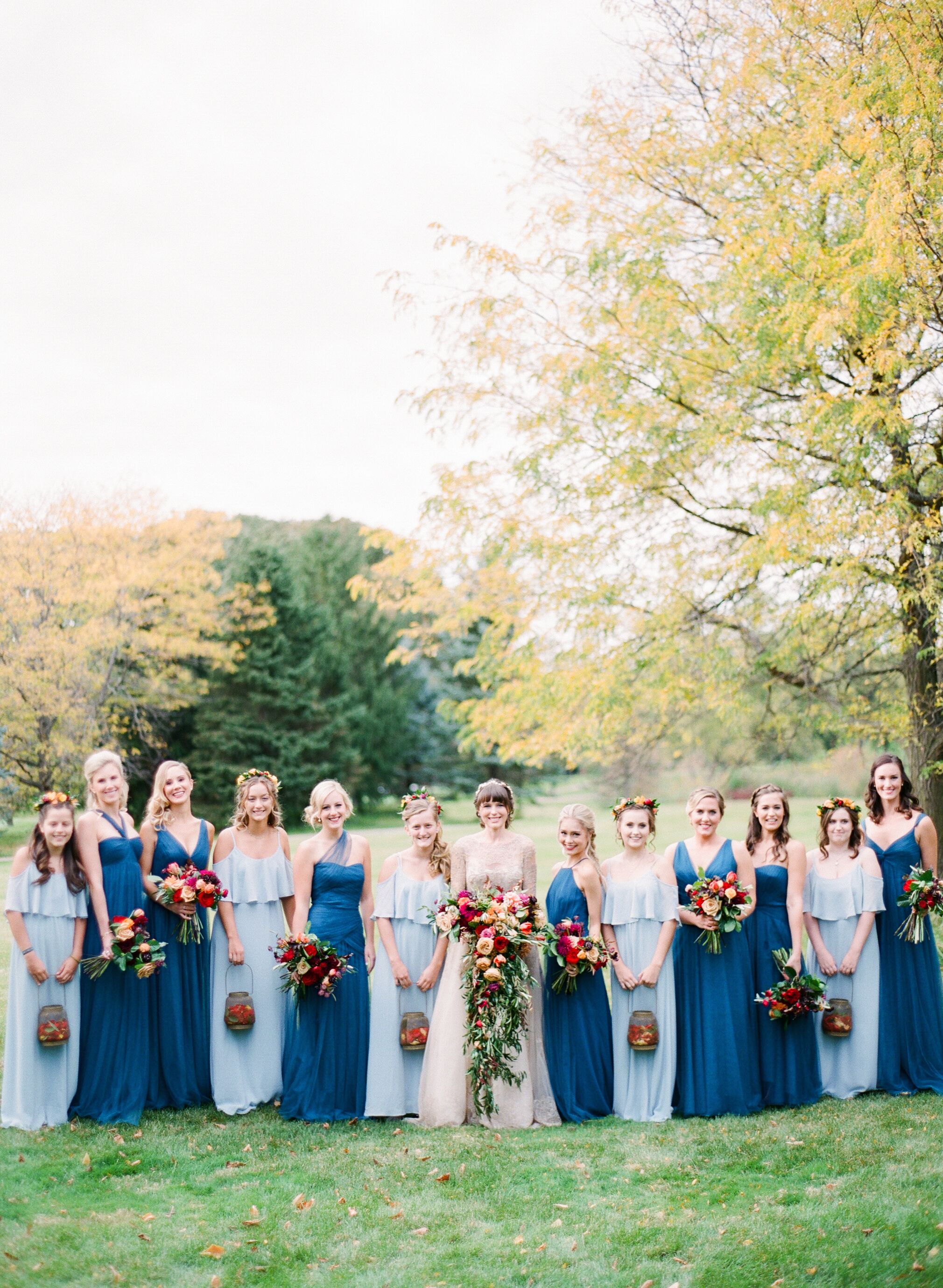 bridesmaids in different shades of blue