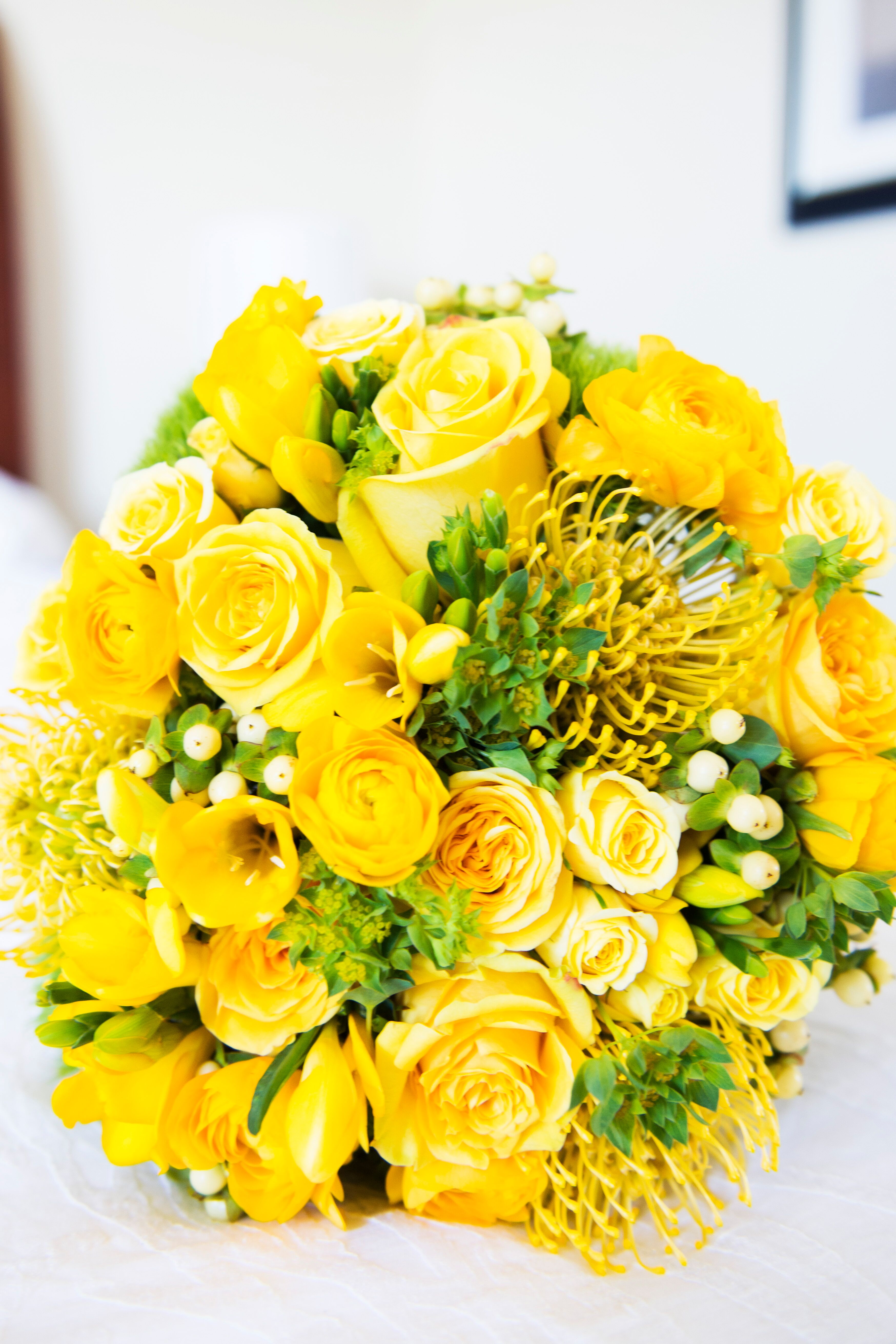 Bright, Bold Yellow Rose, Pincushion Protea Bouquet