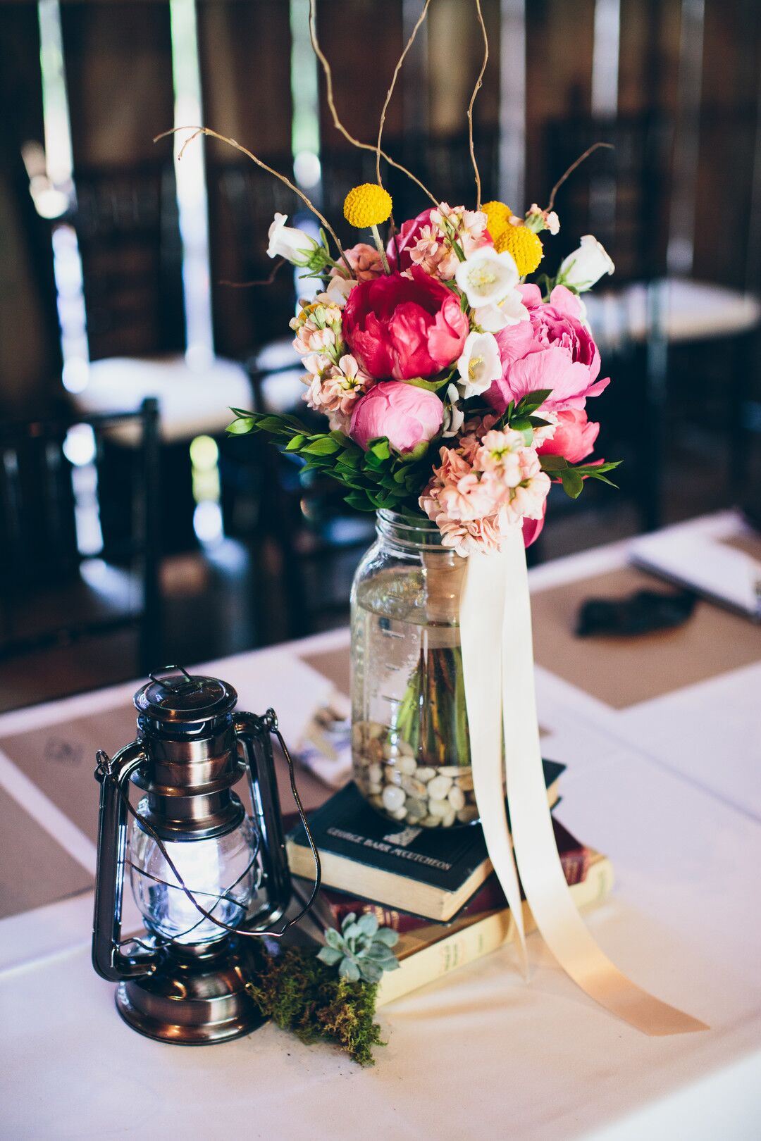 Vintage Book Centerpiece with Bright Scabiosa and Peonies