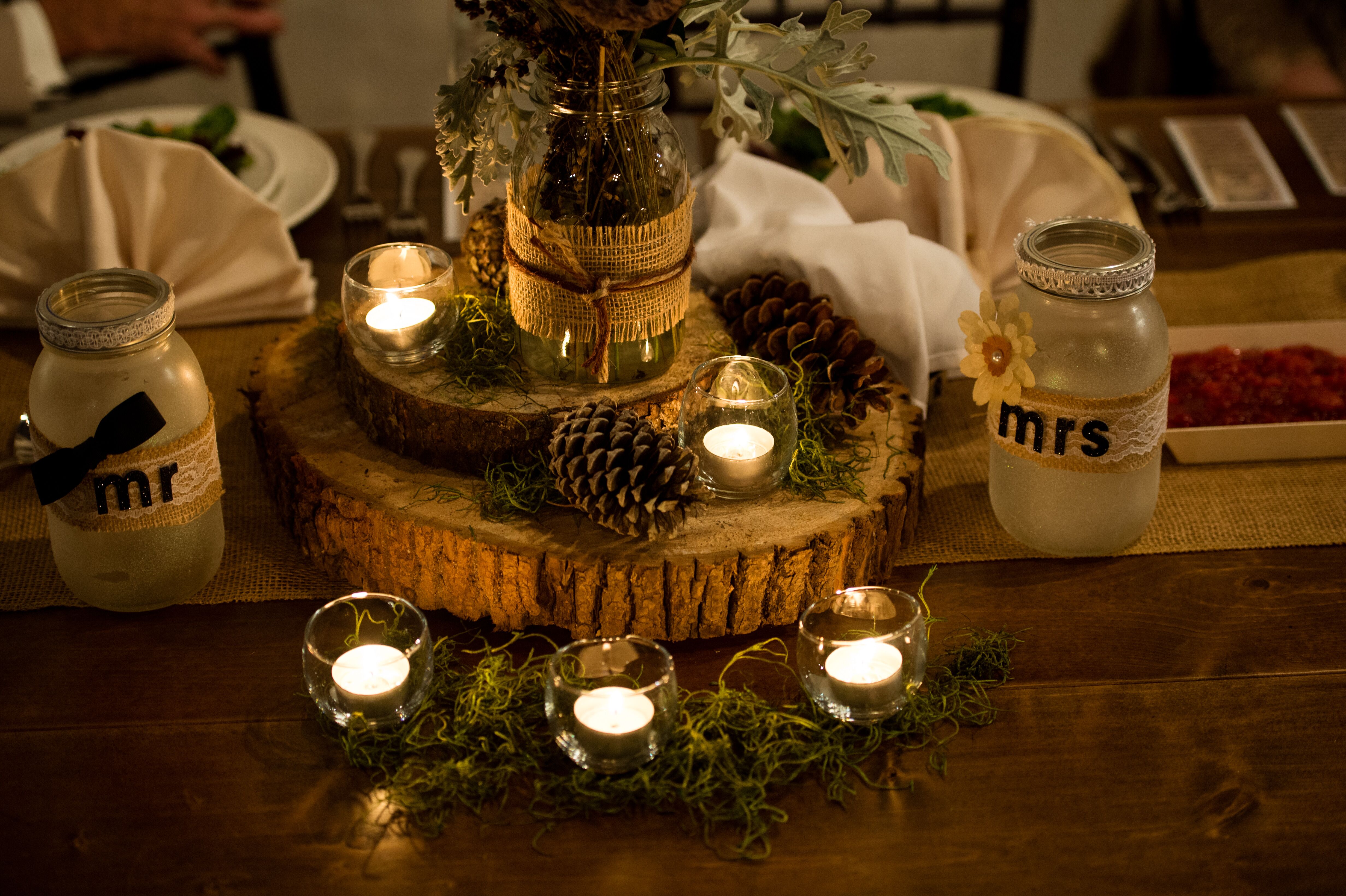 Wood Slab Centerpieces with Pine Cones