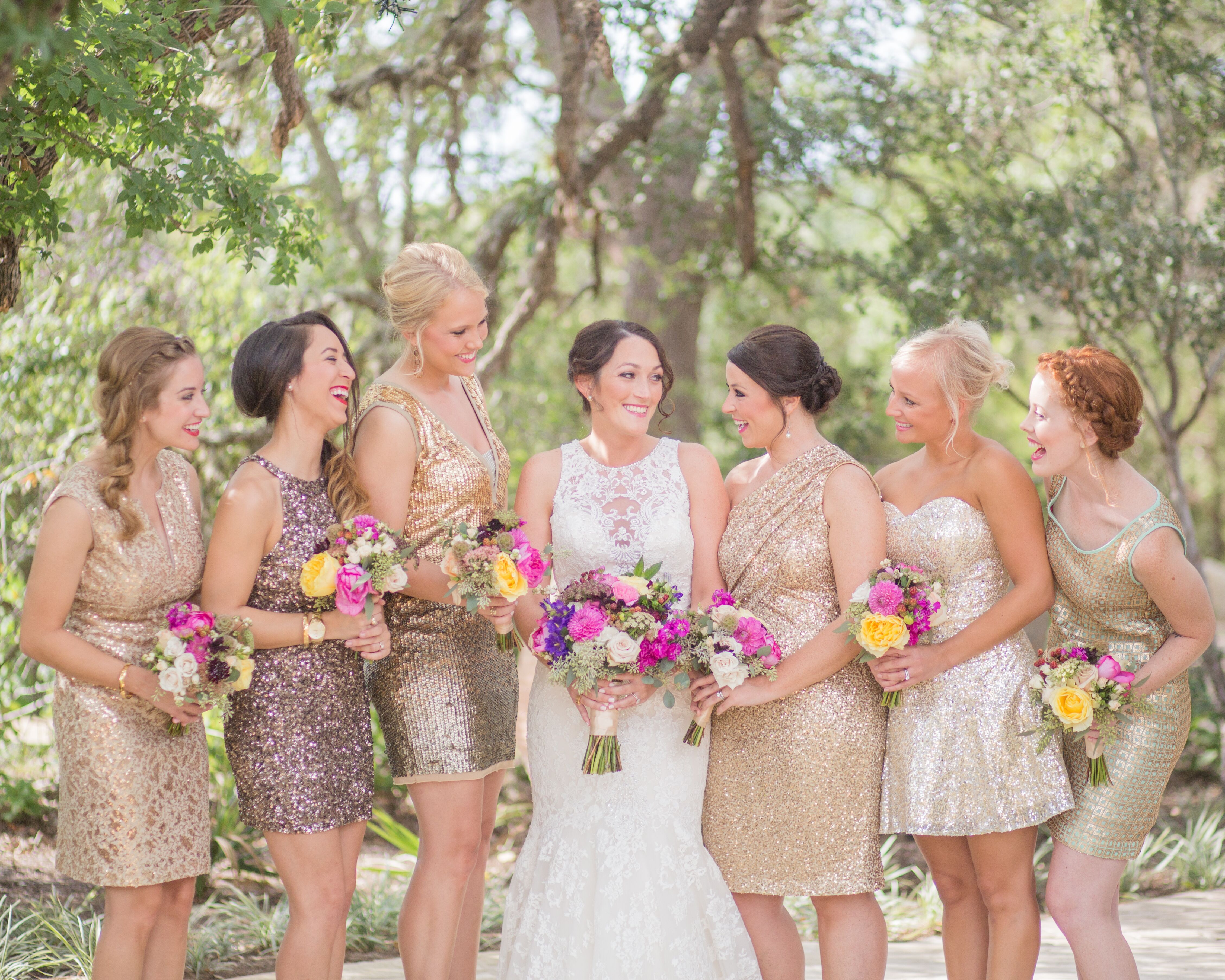 Short Gold Sequin Bridesmaid Dresses and Pink and Yellow Bouquets