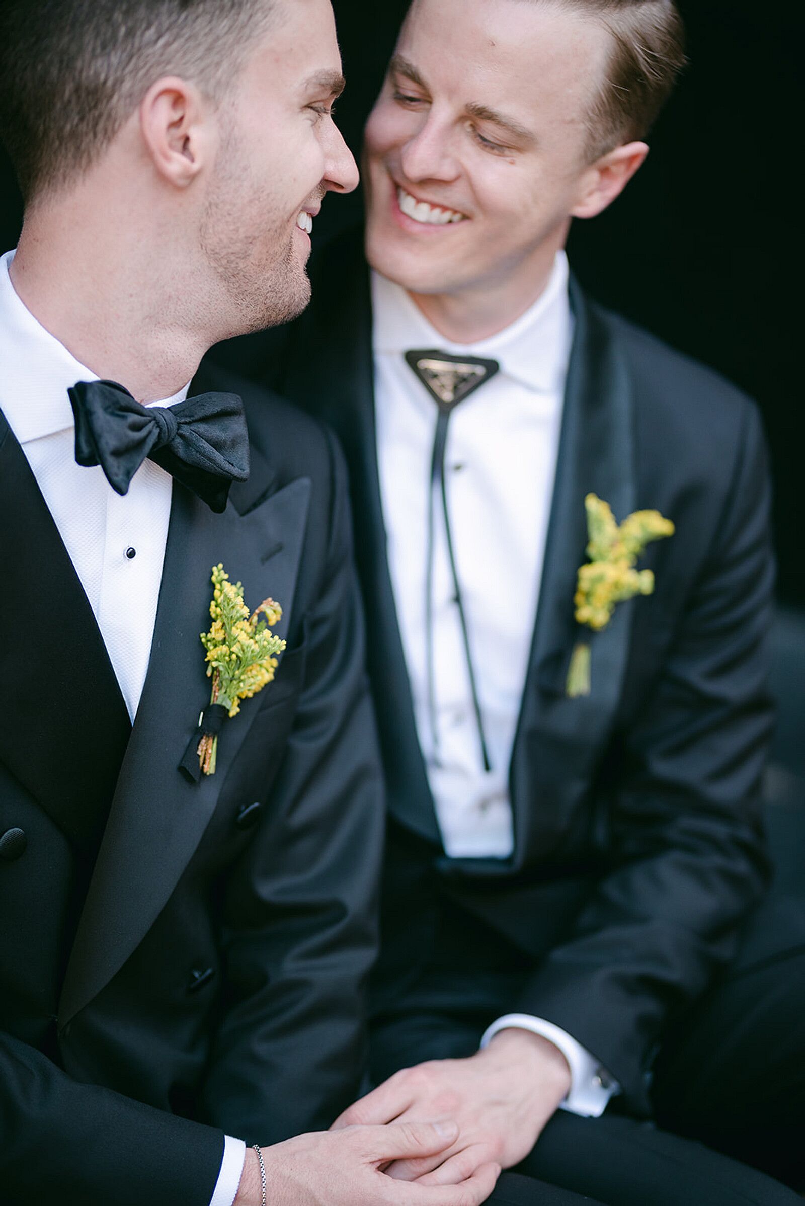 Grooms in Black Tuxedos, Bow Tie, Bolo Tie, Greenery-and-Yellow 