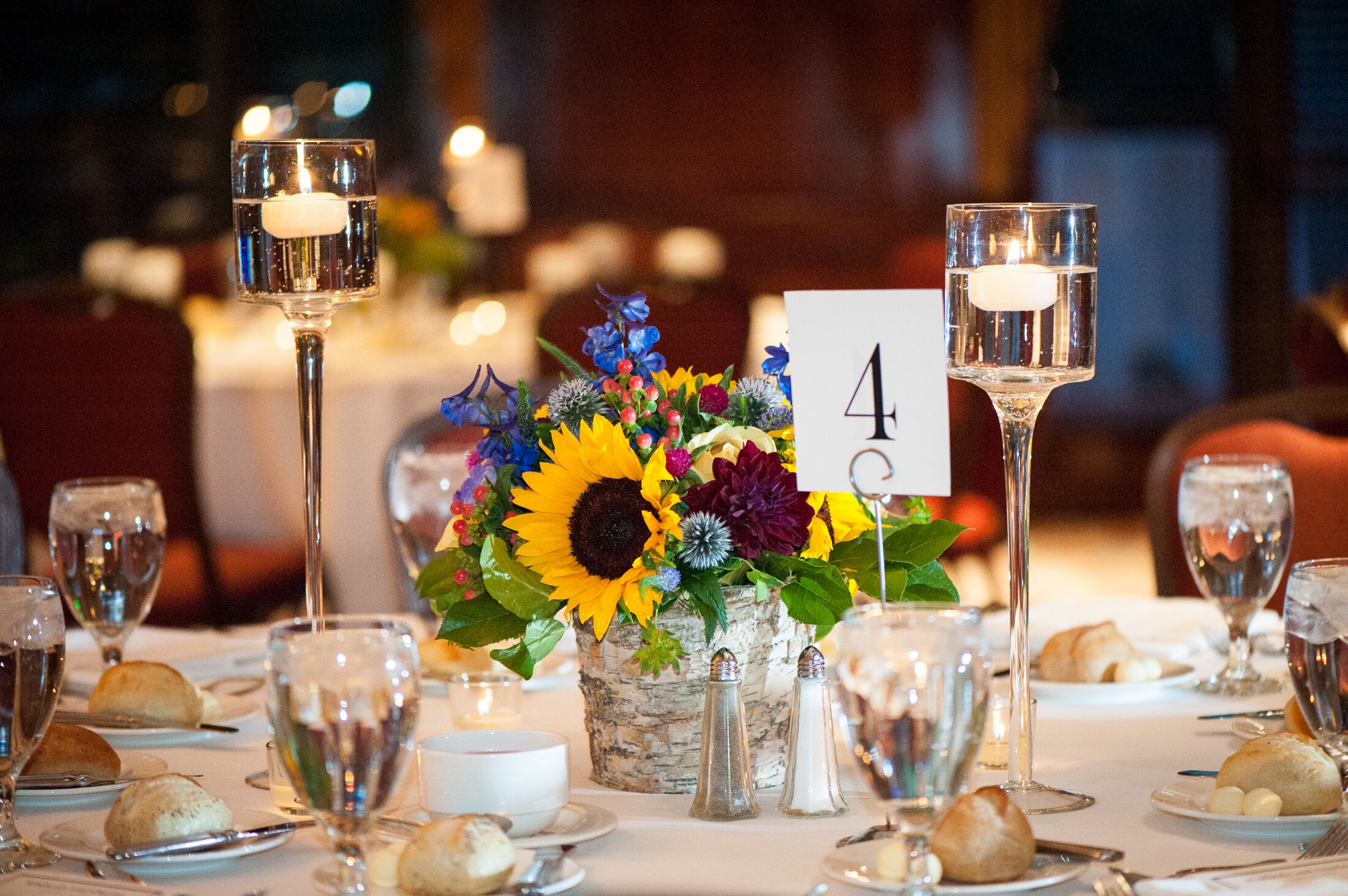 Sunflower, Dahlia, Hypericum Centerpieces with Candles