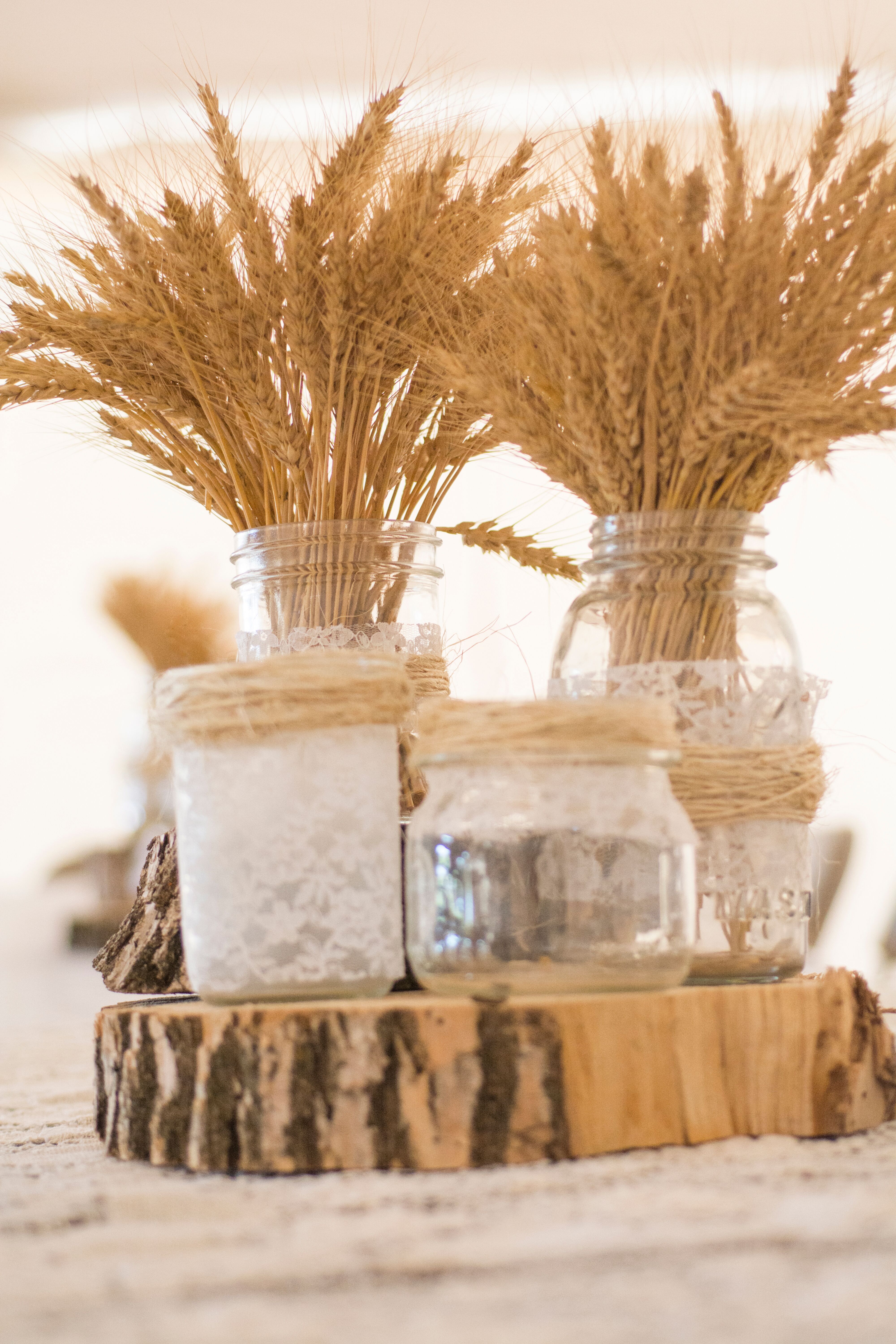 Vintage Lace Wrapped Mason Jar Wedding Centerpieces