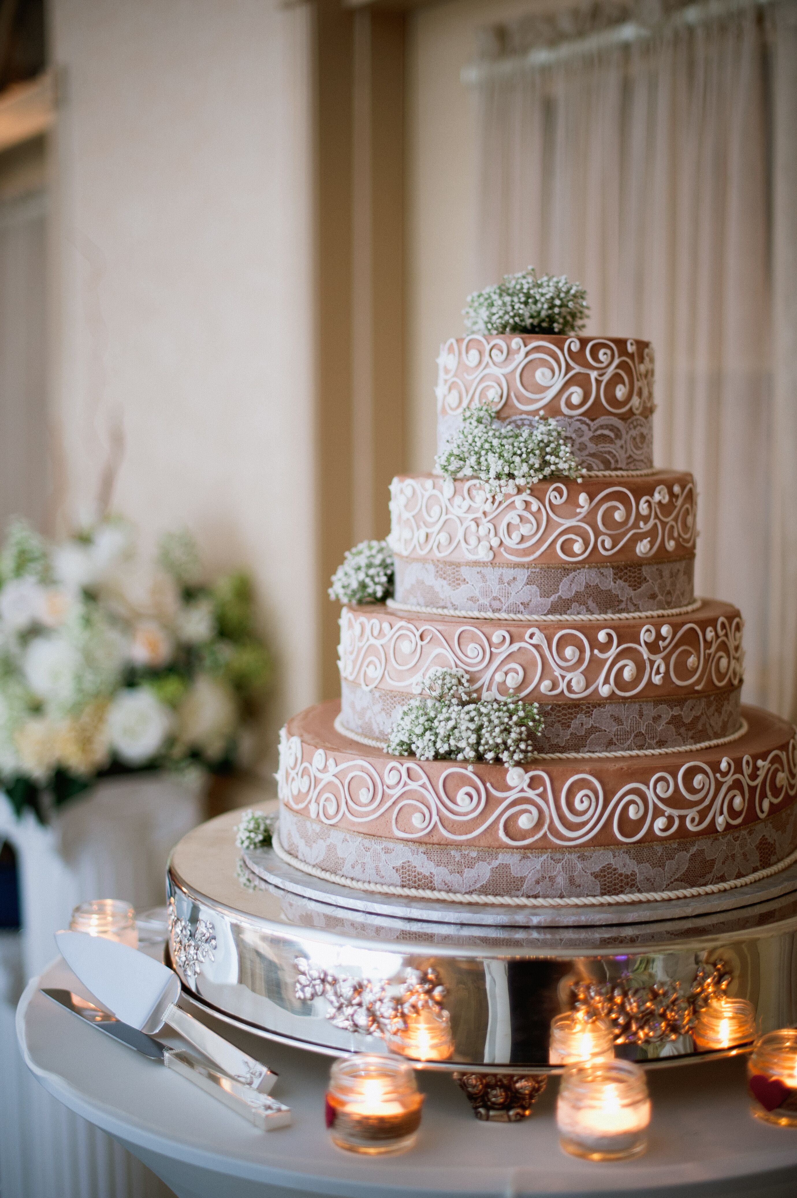 Chocolate Buttercream Wedding Cake  with Burlap and Lace