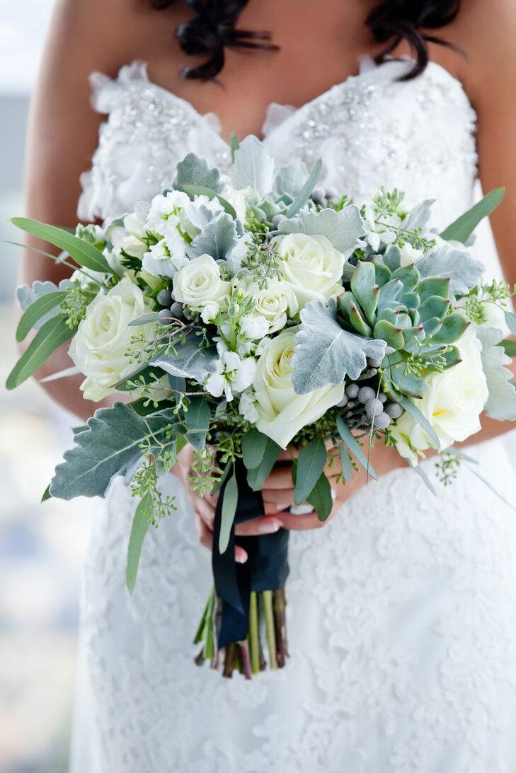 Bouquet With Succulents, Dusty Miller and Roses