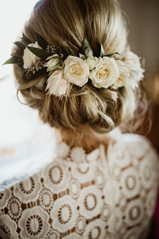 Crown of White Flowers in Bride's Hair