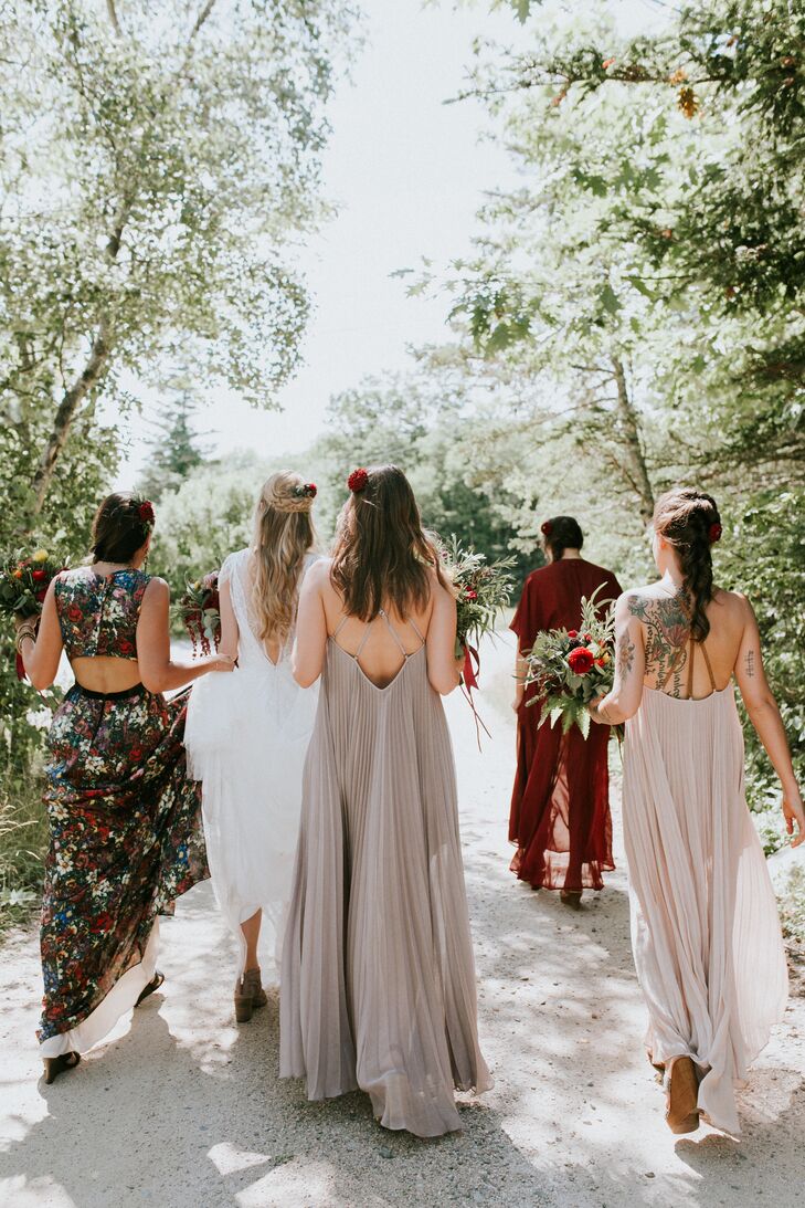 Mismatched Burgundy and Blush Bridesmaid Dresses