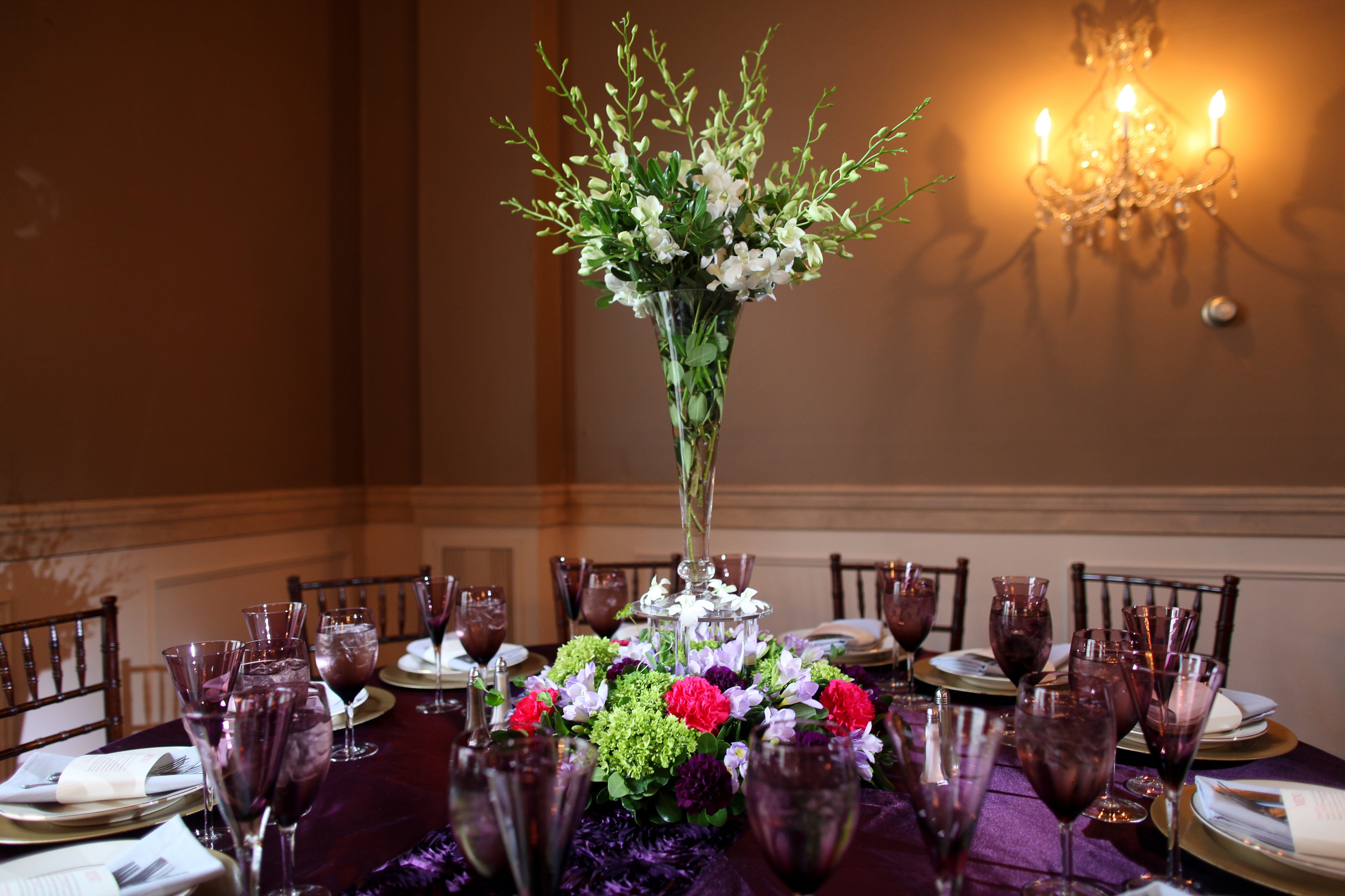 large orchid centerpiece dining room