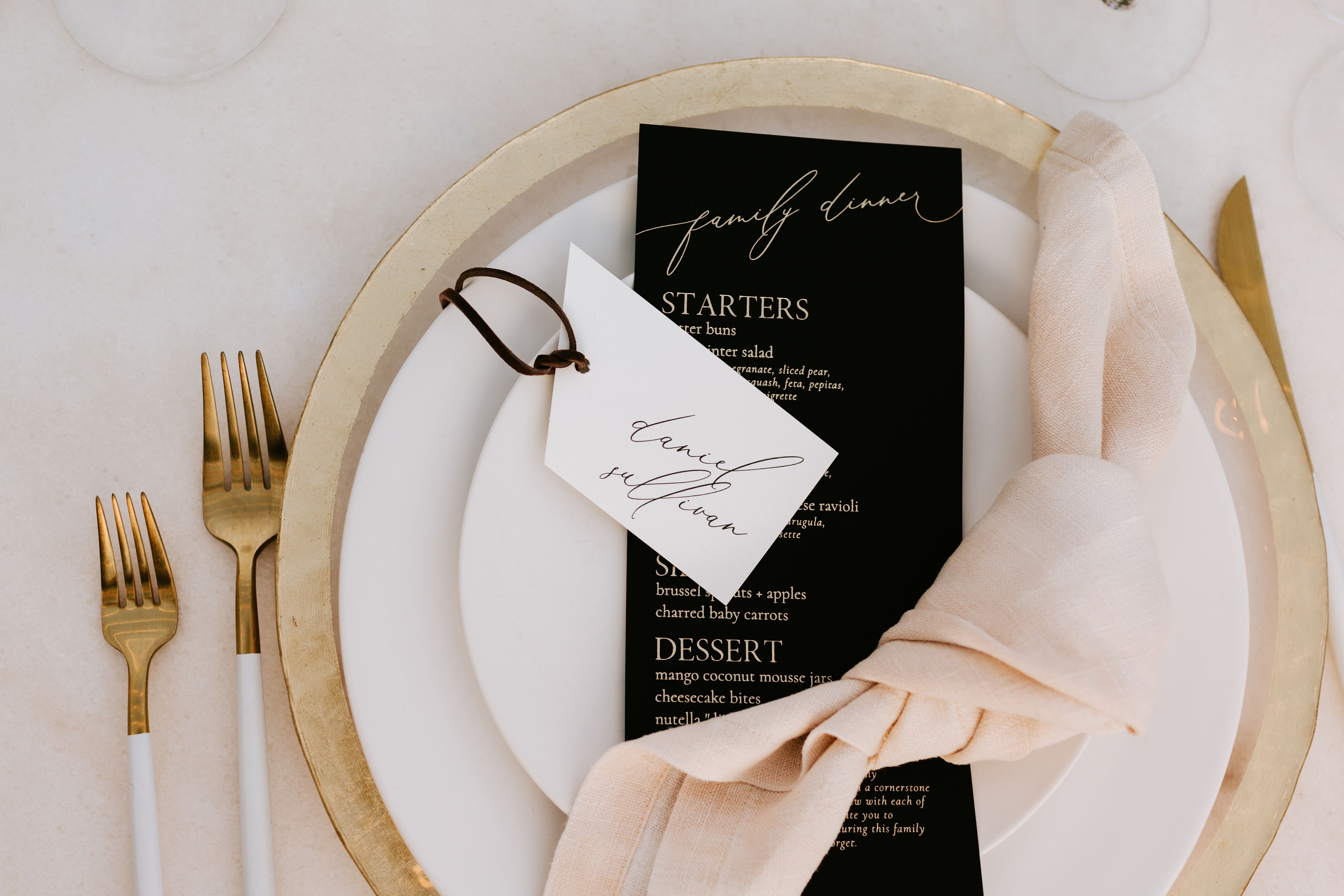 Black, White and Gold Place Settings with Menus