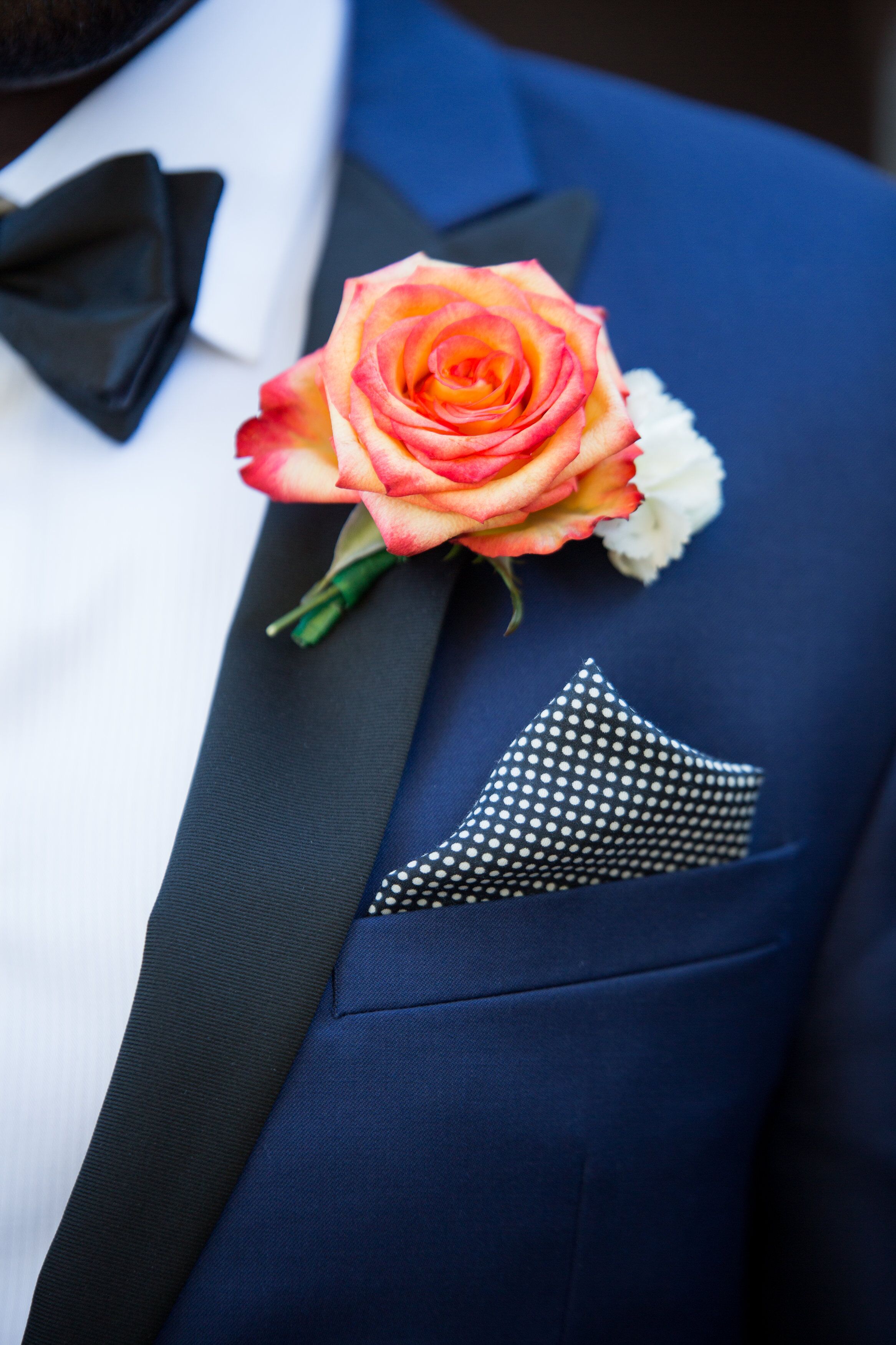 Coral Rose Boutonniere And Polka Dot Pocket Square