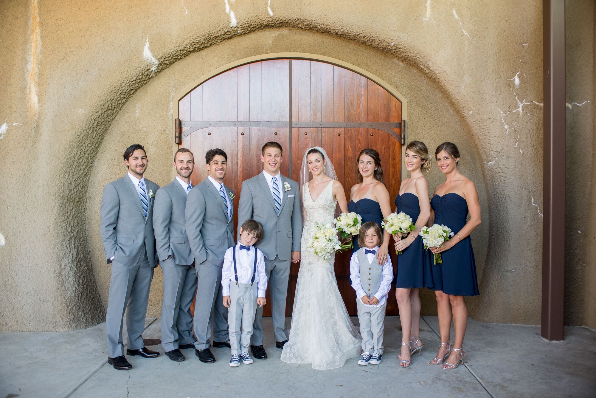 Bride and Bridal Party in Blue and Gray