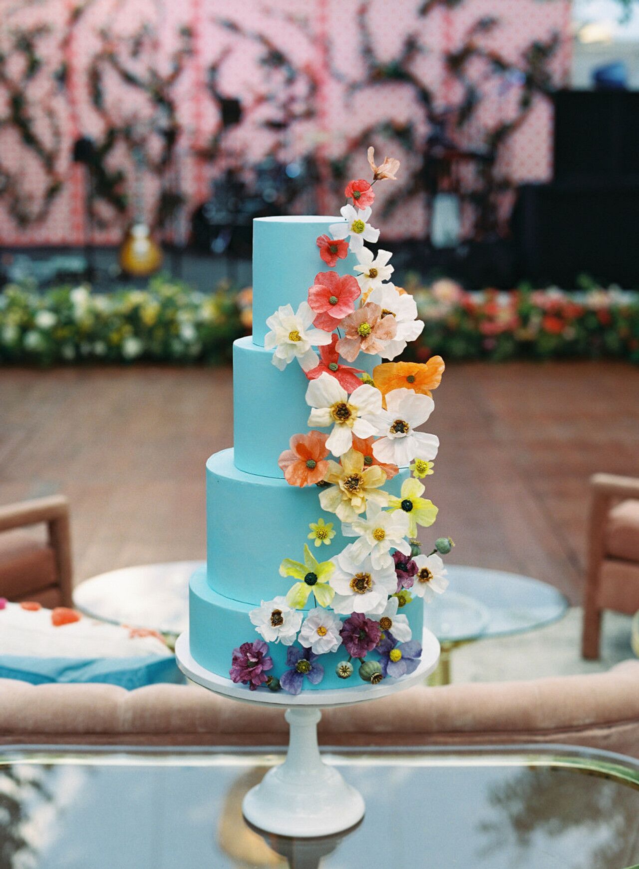 Unique Blue Cake With Four Tiers, Rainbow Ombre Flowers