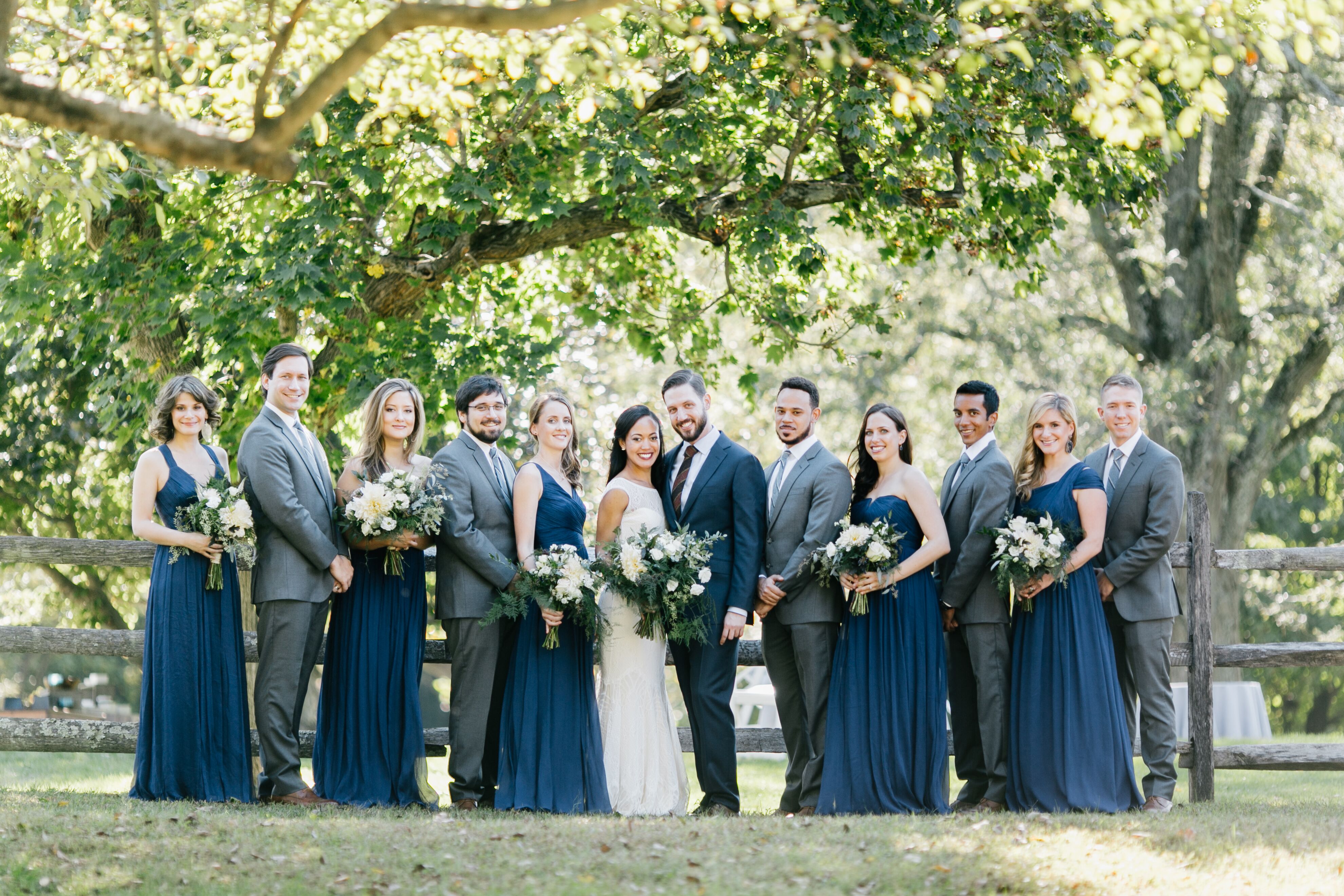 Navy Bridesmaid Dresses and Gray Groomsmen Suits