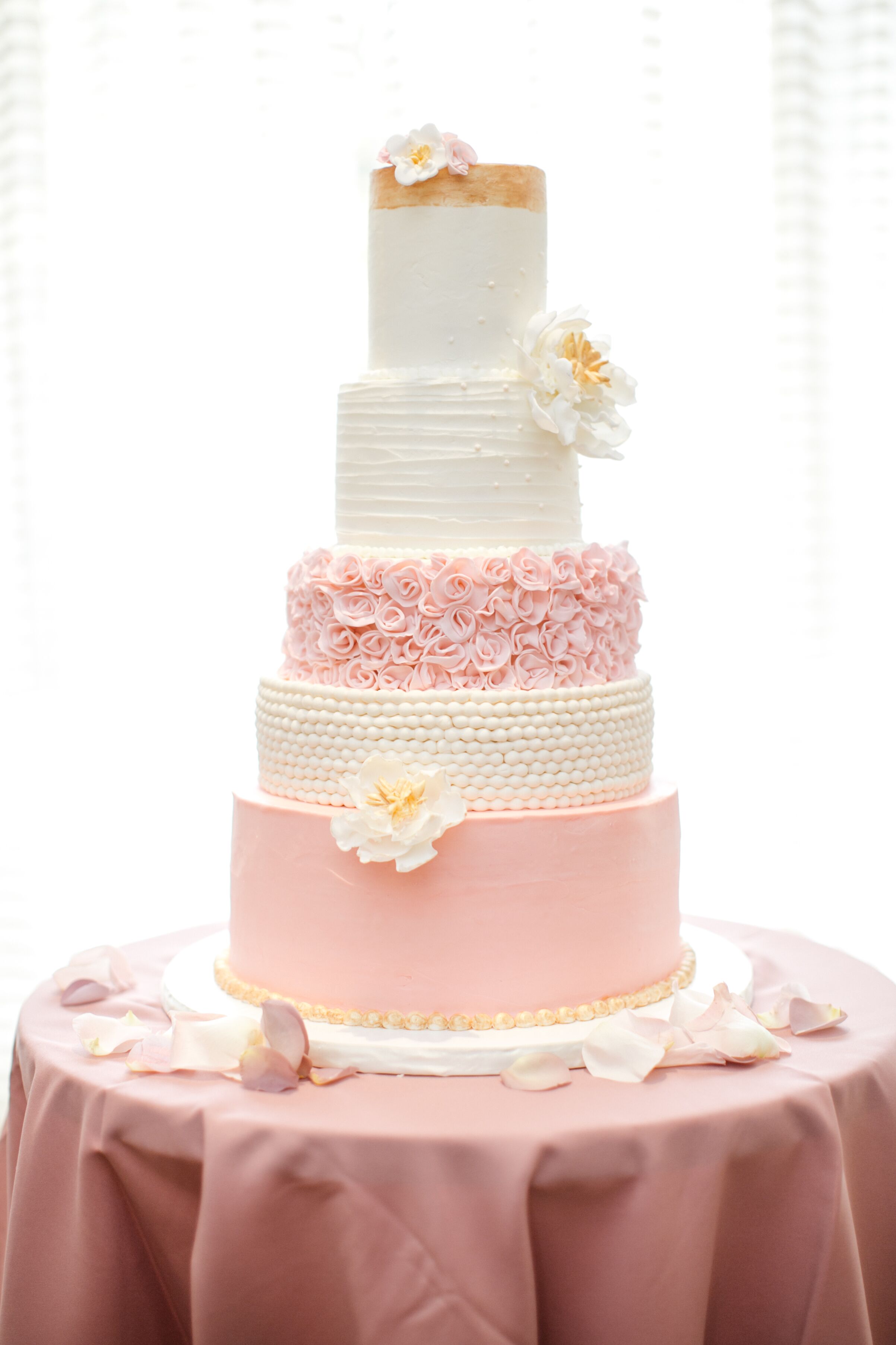 Five Tier Blush And Rose Gold Wedding Cake