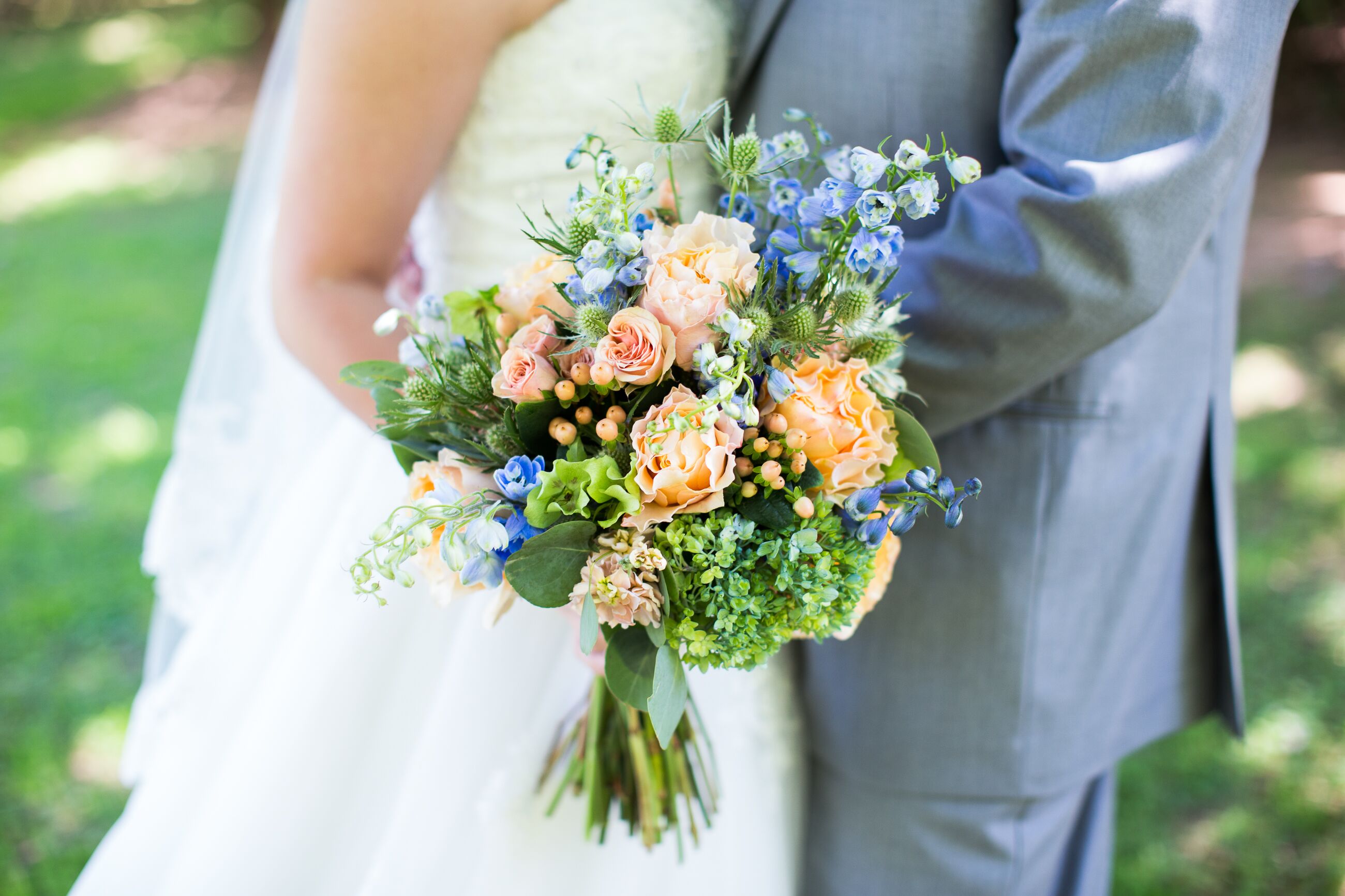 Peach, Blue, Green Bridal Bouquet