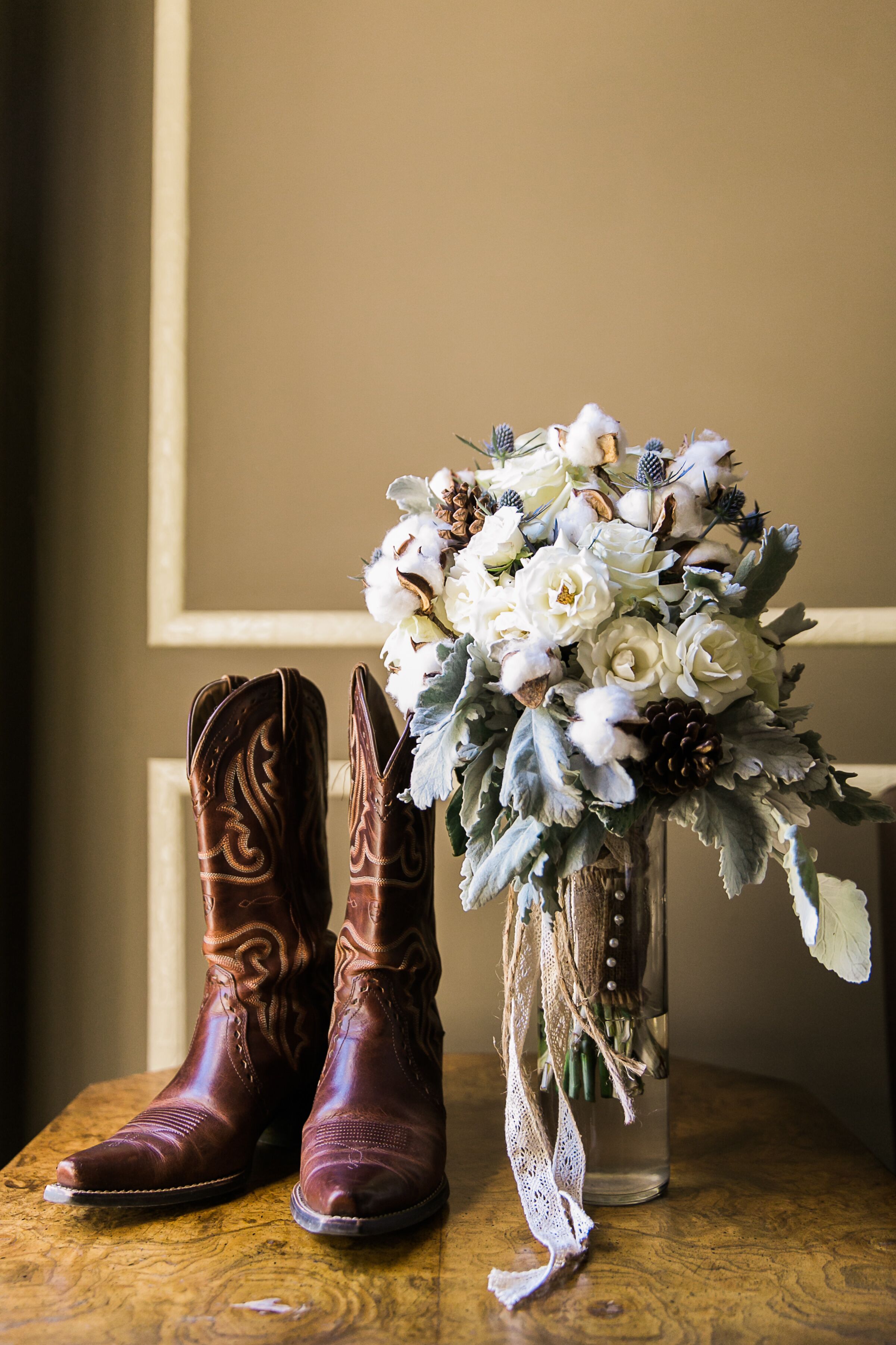 Bouquet with Roses, Cotton and Dusty Miller