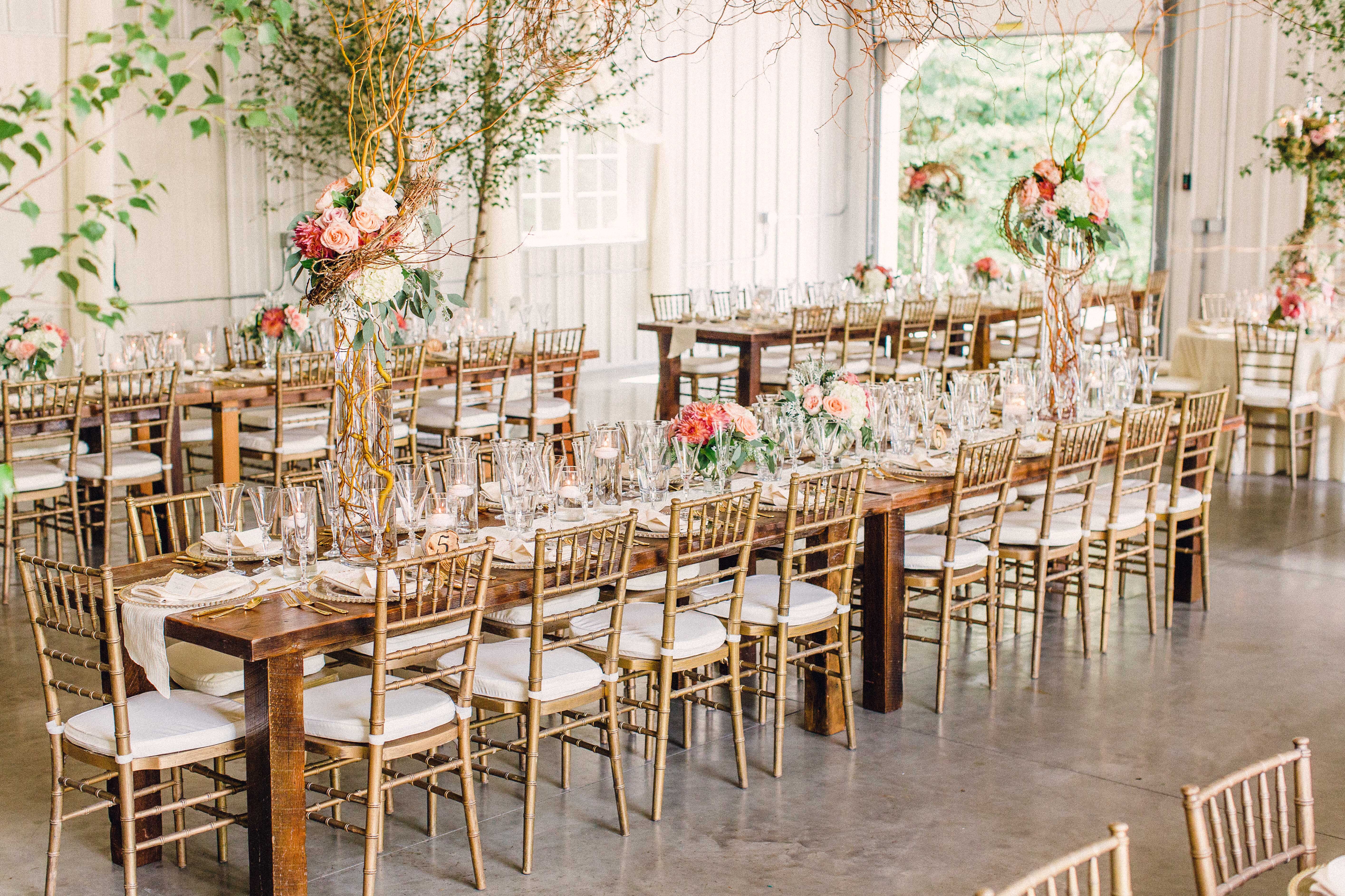 Gold Chiavari Chairs And Long Wood Dining Tables