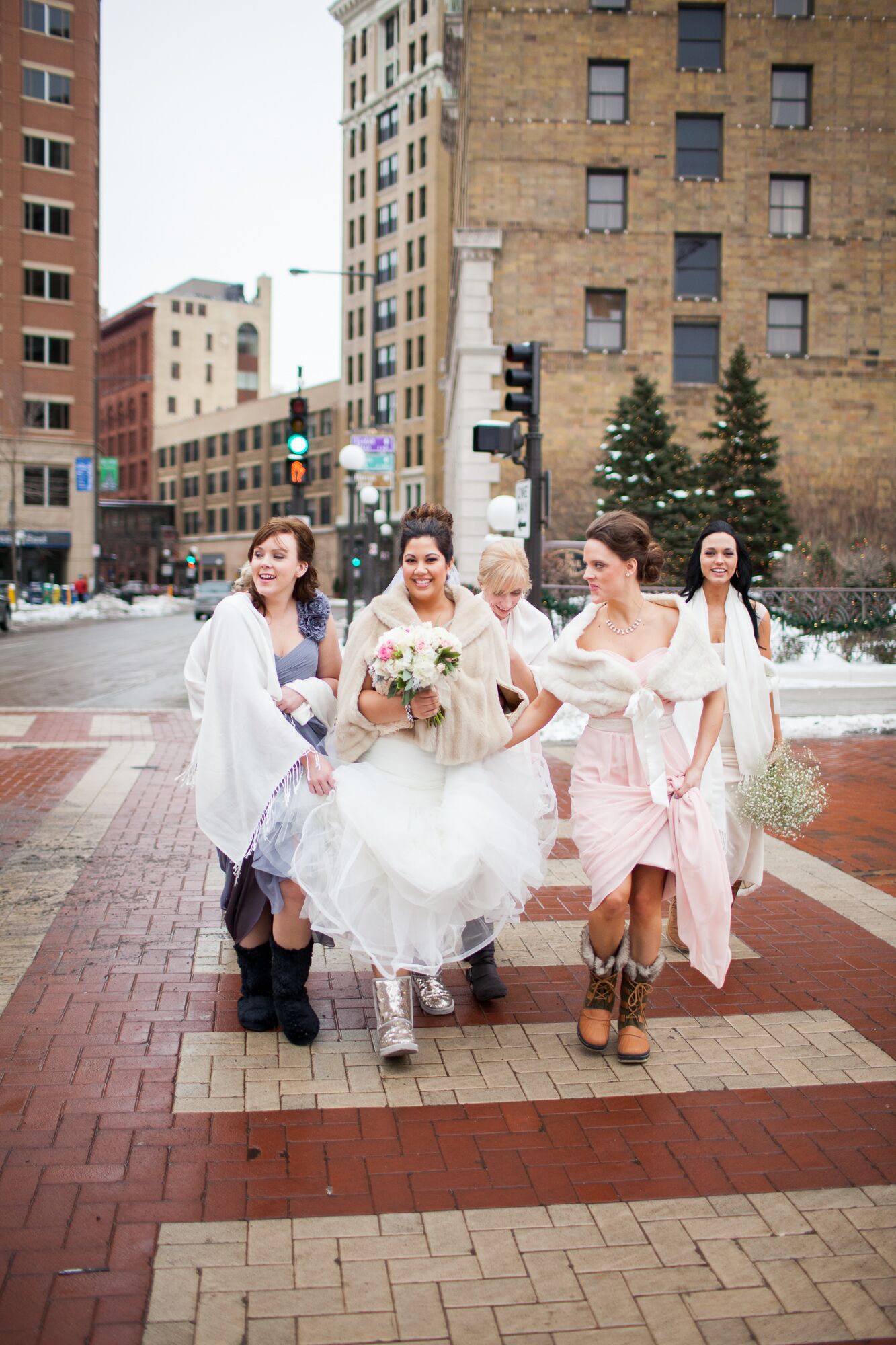 Bridesmaids Wear Ugg Boots and Shawls for Winter Wedding