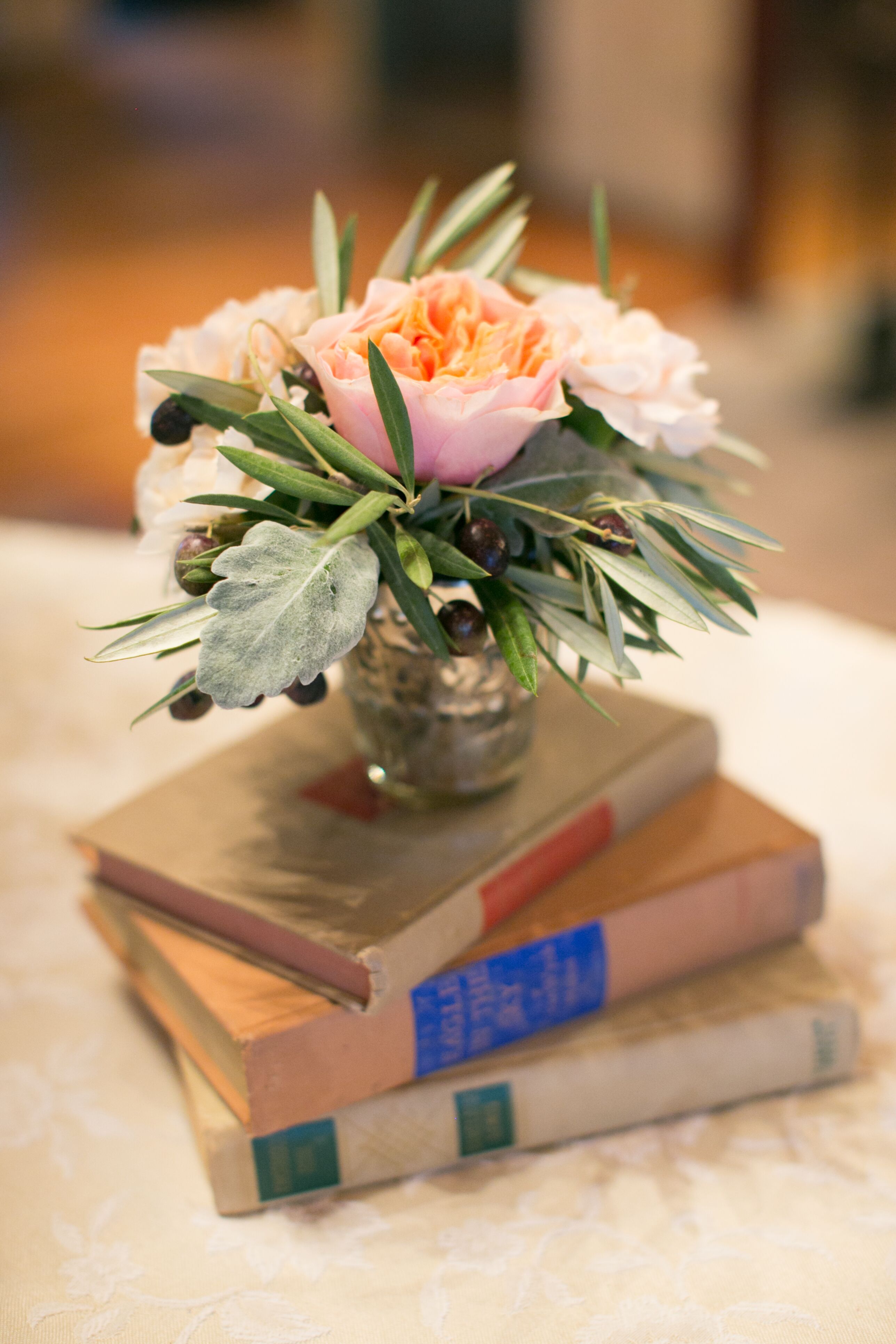 Garden Rose, Olive Leaf and Vintage Book Centerpieces