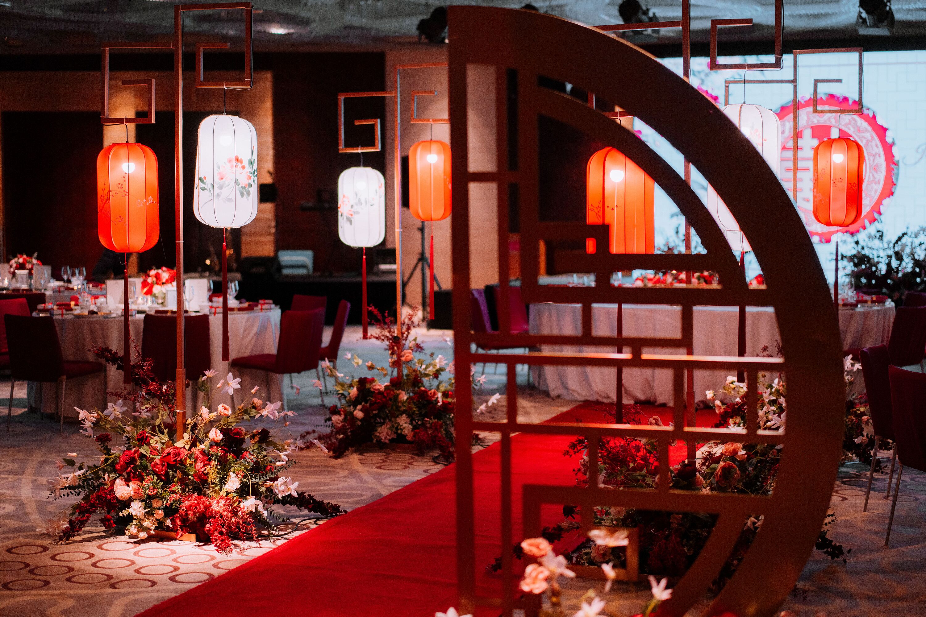 Traditional Reception Banquet Space With Low Lighting, Chinese Lanterns ...