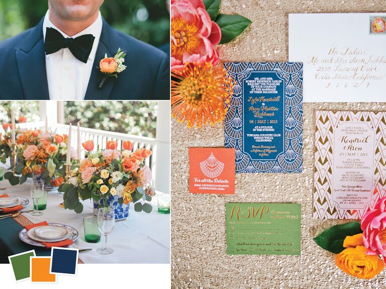 Hunter green, orange and navy fall wedding color palette