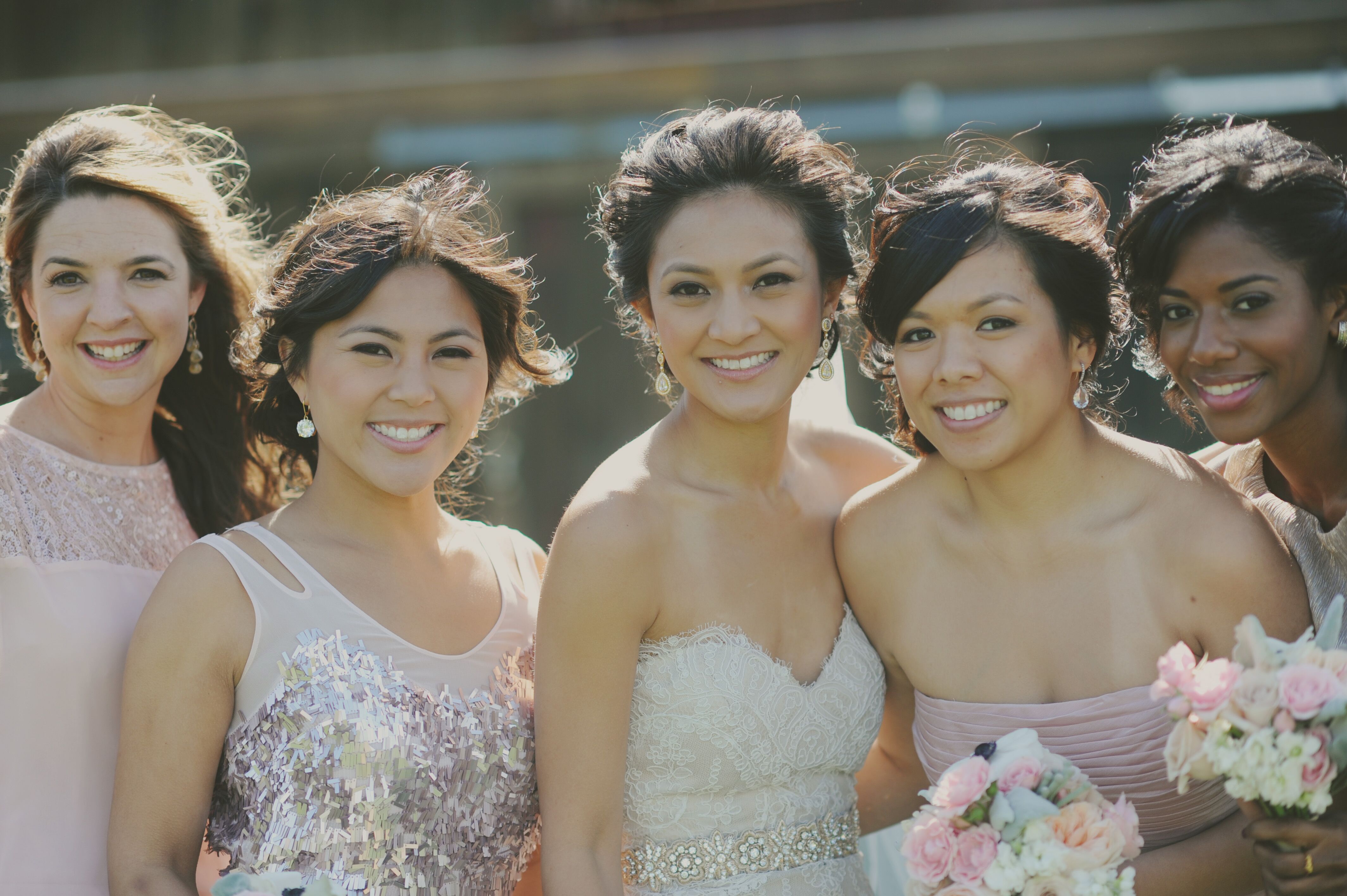 Mismatched Bridesmaids Dresses with Updos