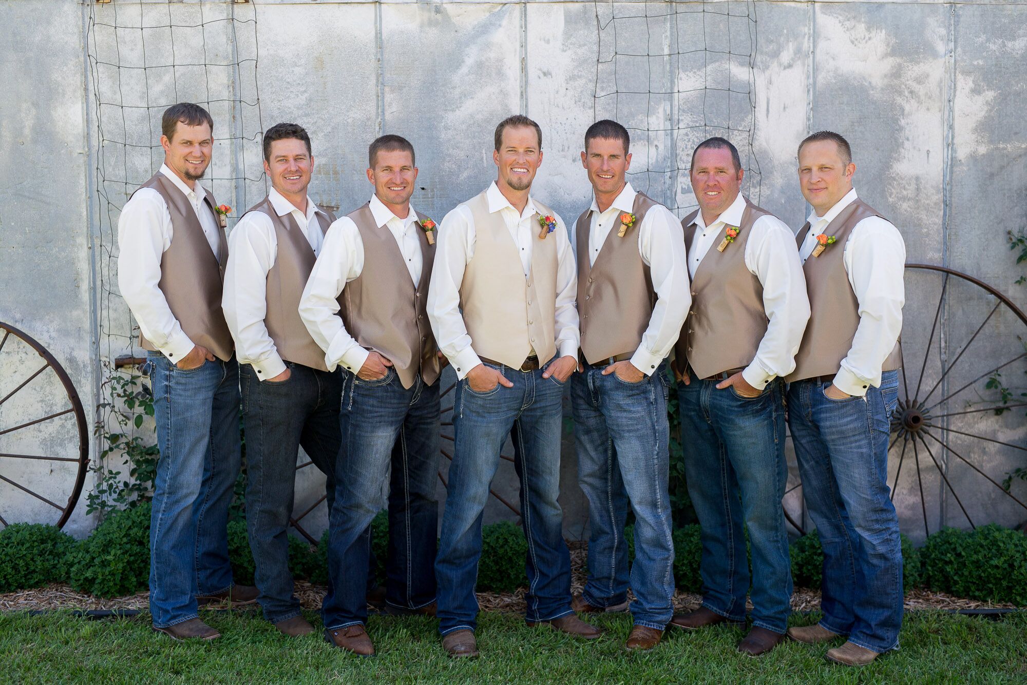 Casual Blue Jean and Tan Vest Groomsmen Look