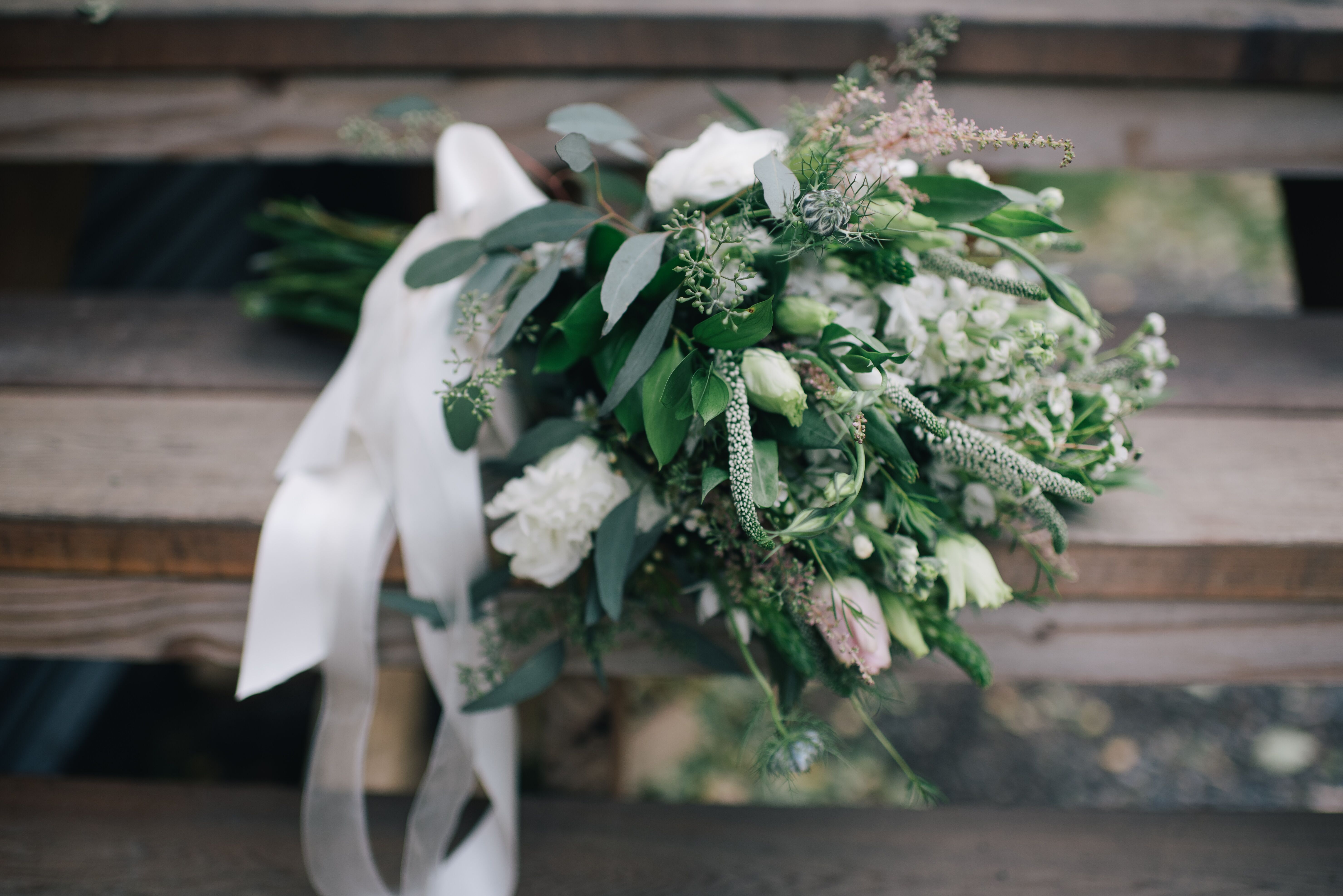 Veronica, Astilbe and Tulip Bouquet with Cascading Ribbons