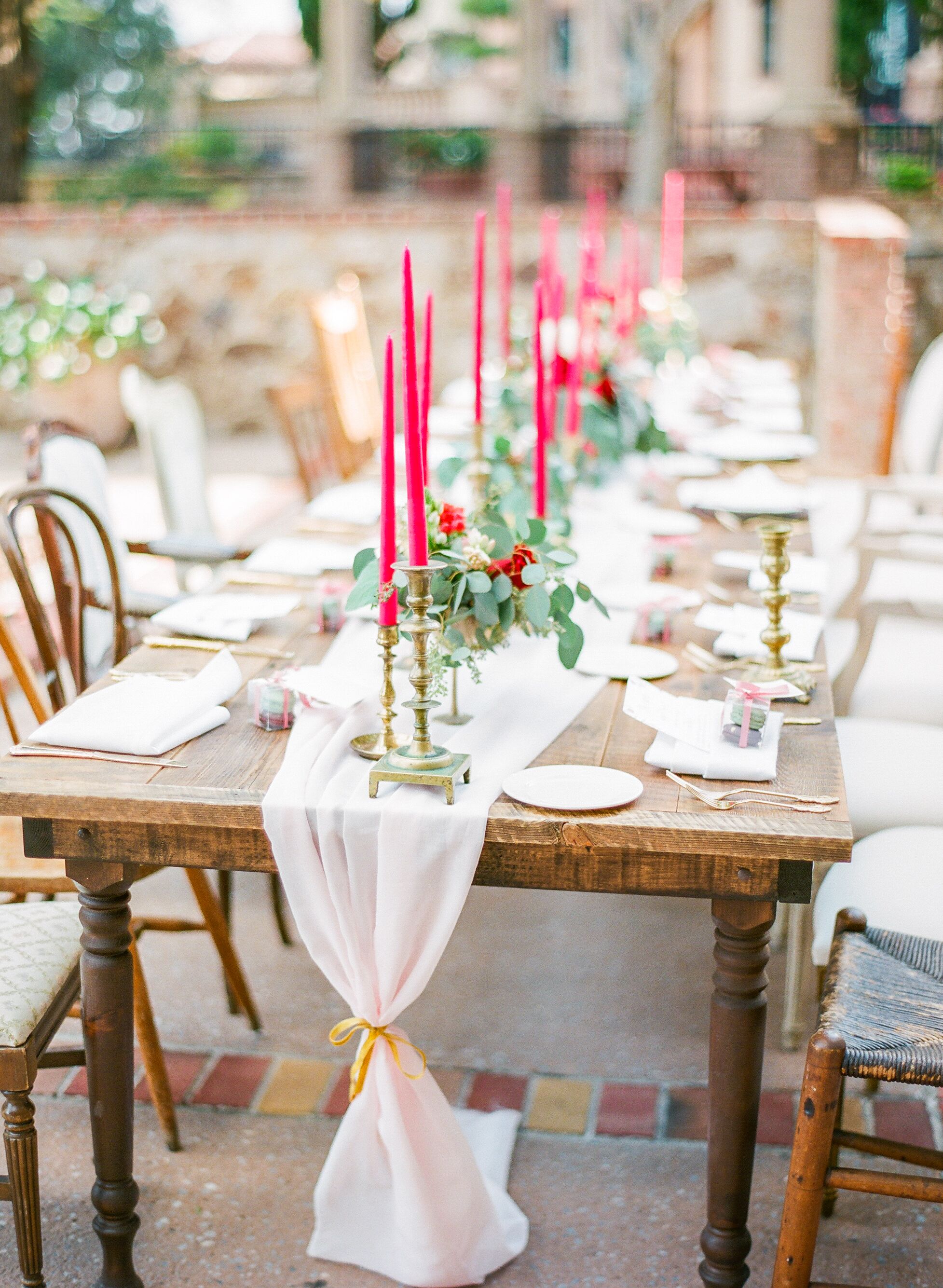 Blush Chiffon Table Runner with Cranberry Candlesticks