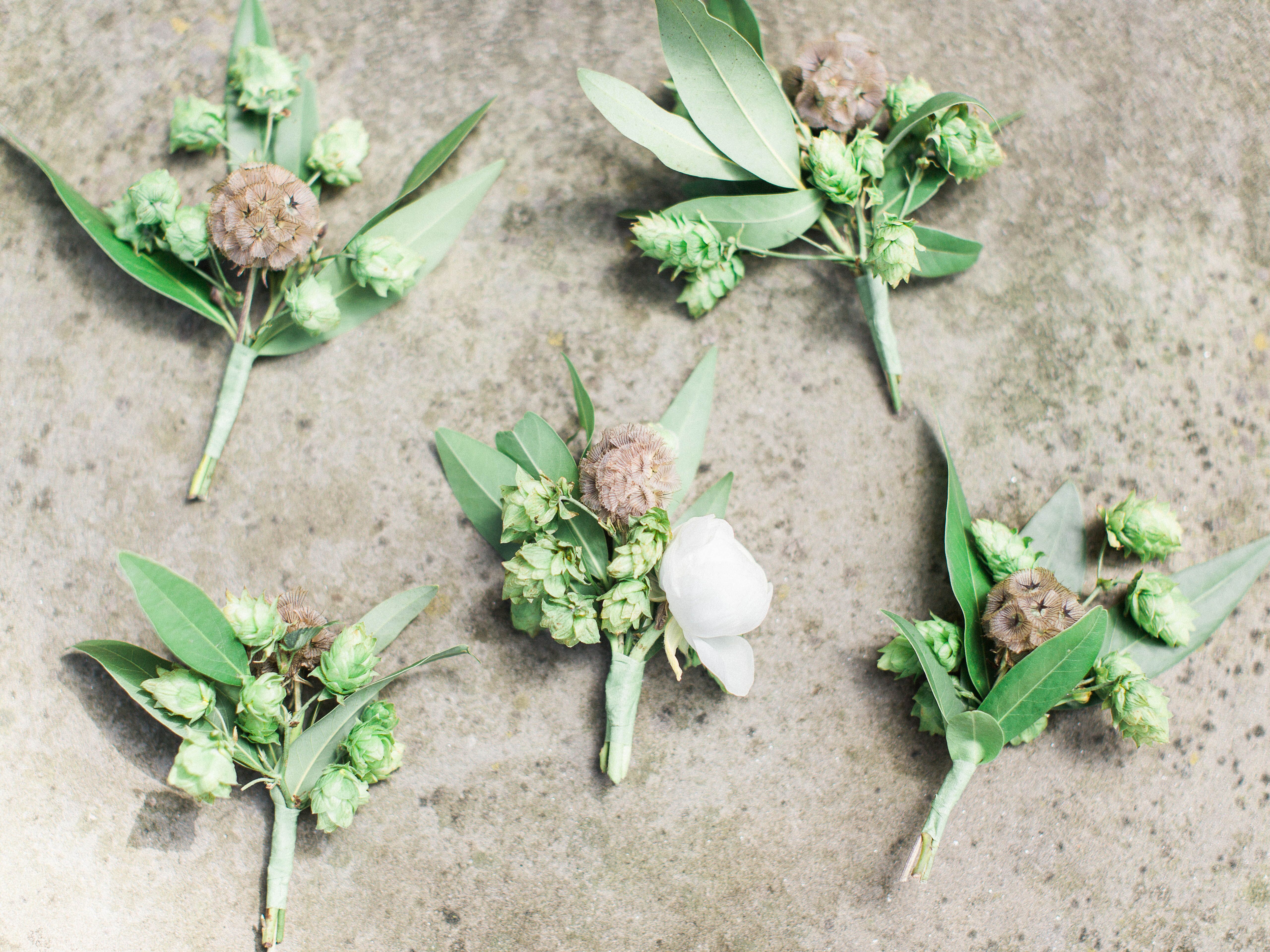 Beer-Inspired Hops Boutonnieres With Scabiosa Pods