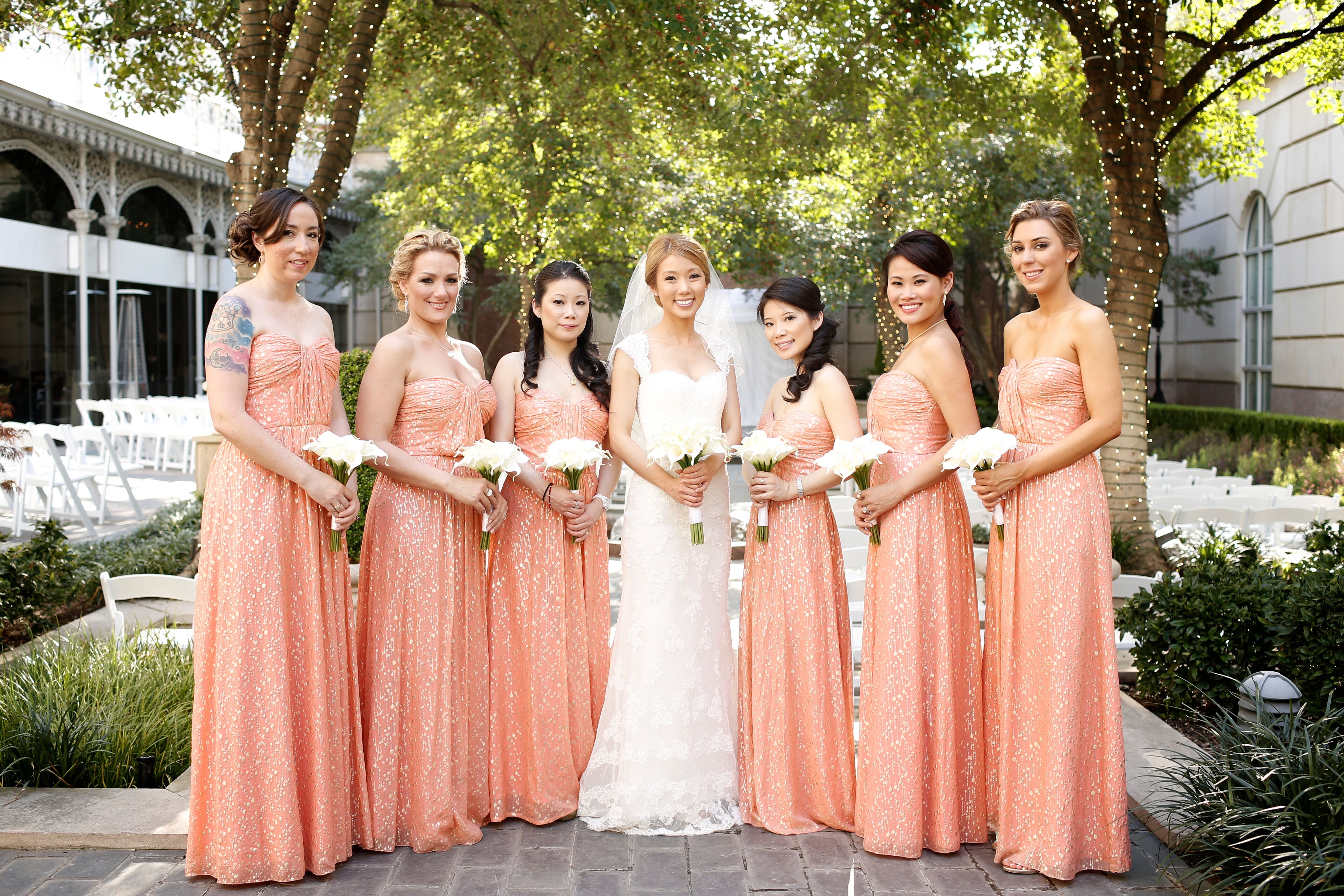 coral and gold bridesmaid dresses