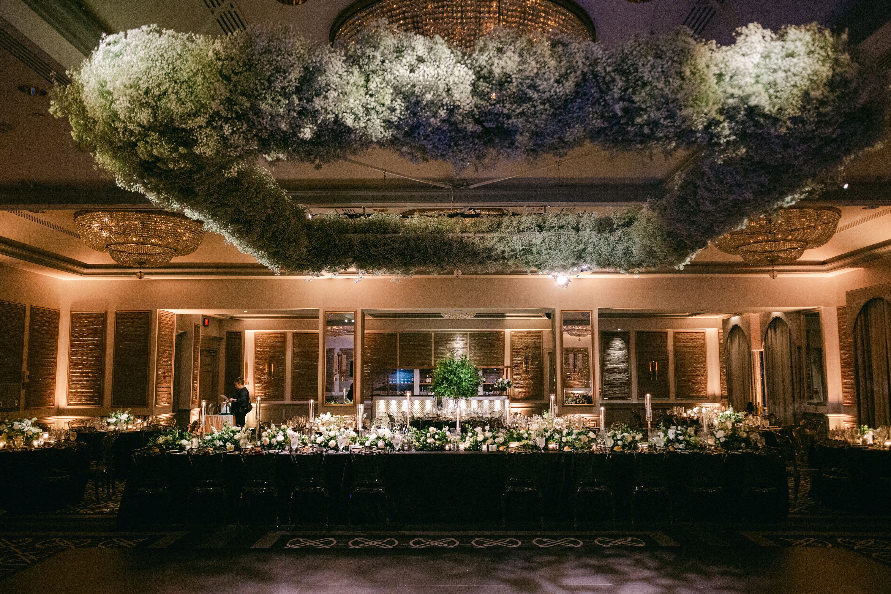 Floating Baby's Breath Floral Installation, Long Table With Low Runner ...