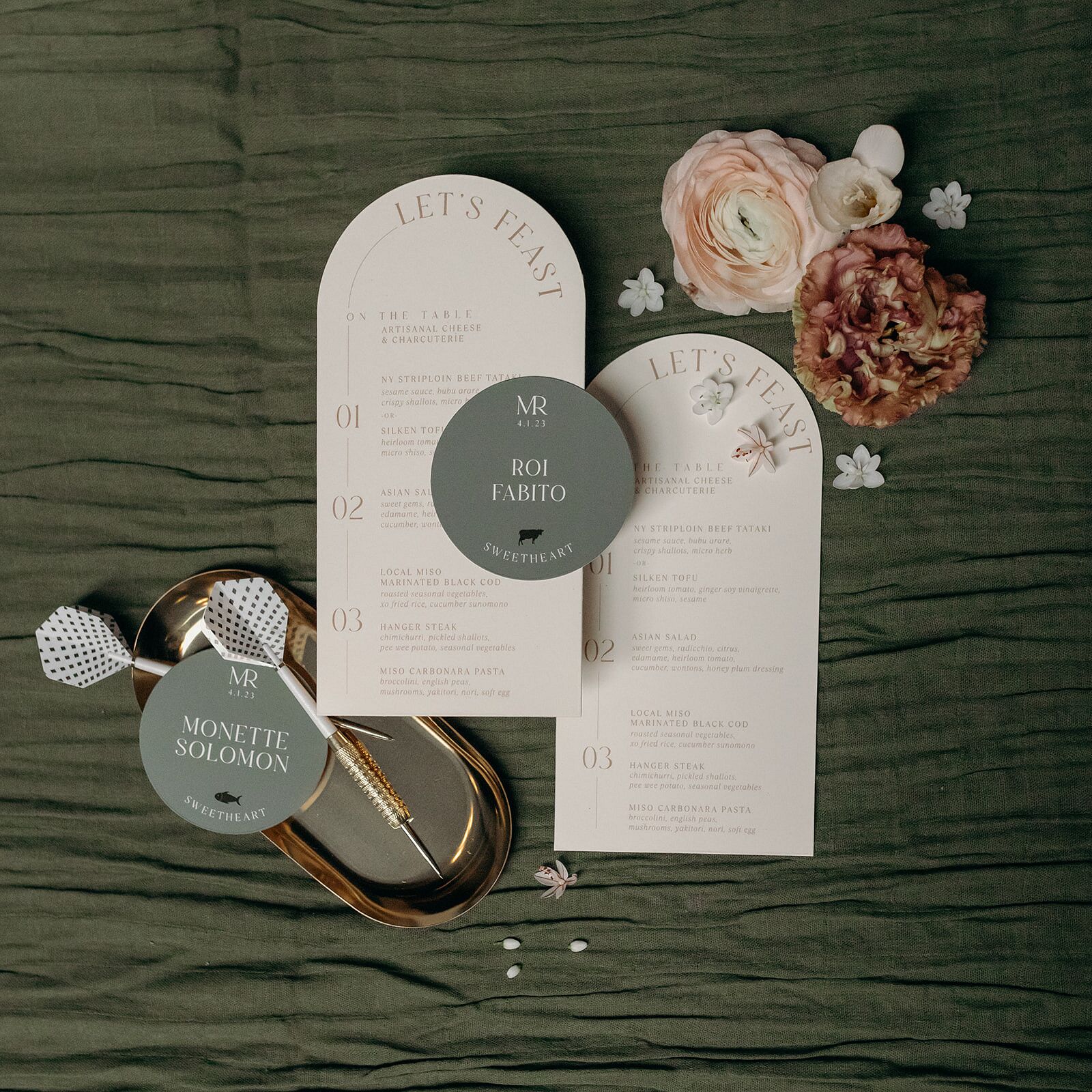 Modern Arched Menus and Place Cards With Entree Selections, Darts