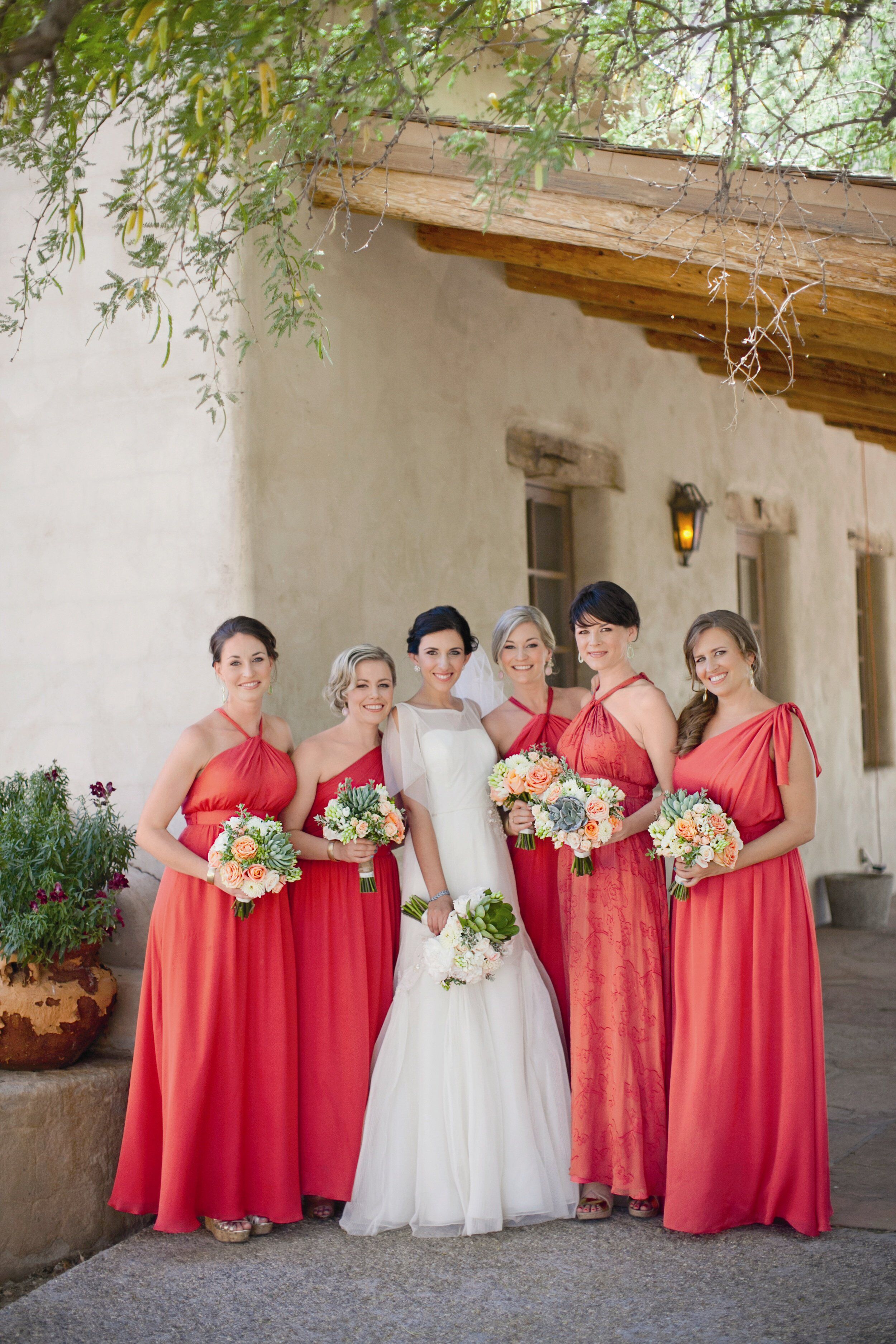 Coral red bridesmaid store dresses