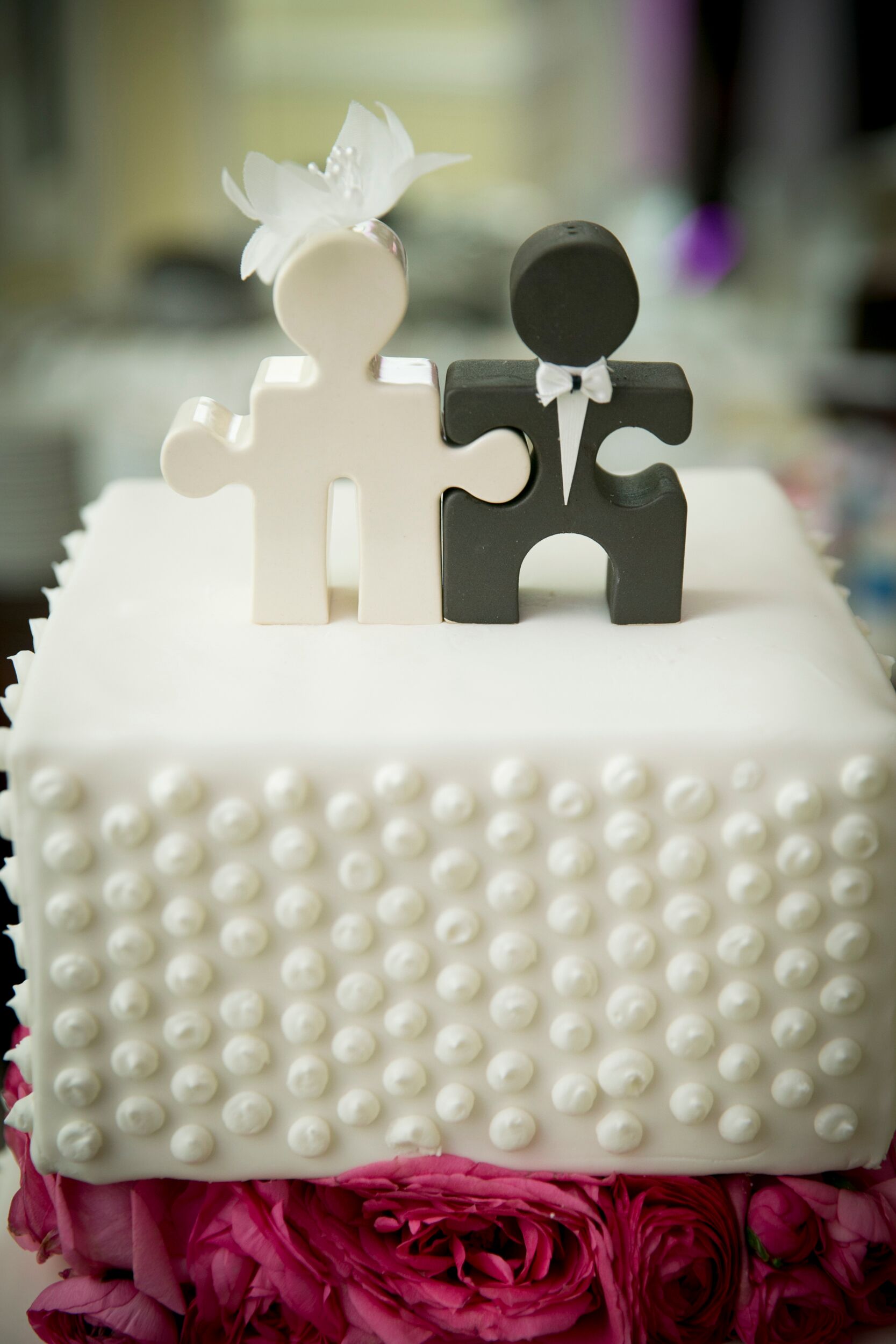 Small Polka Dot Wedding Cake with Puzzle Piece Cake Topper
