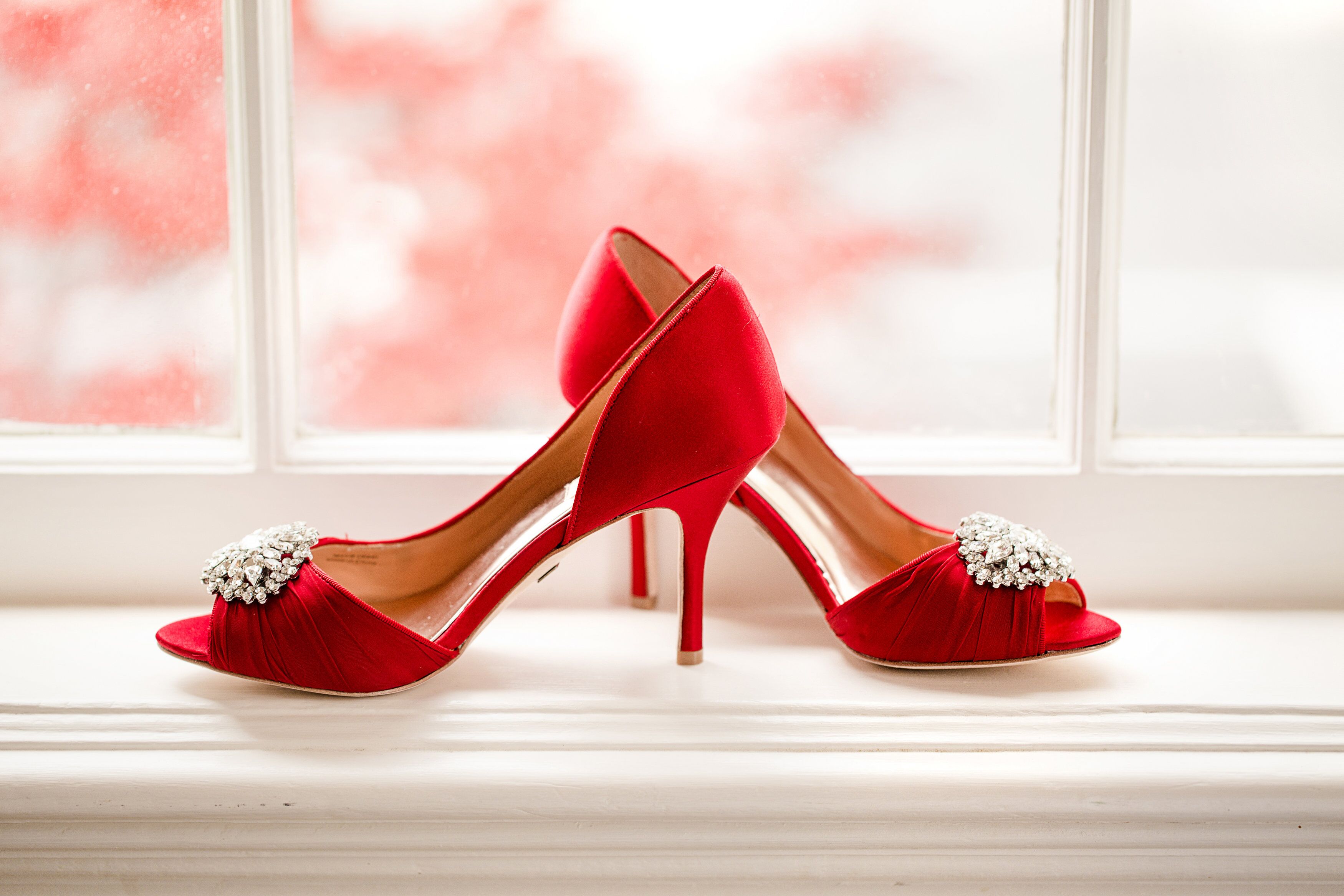 Red Badgley Mischka Heels with Rhinestone Brooches