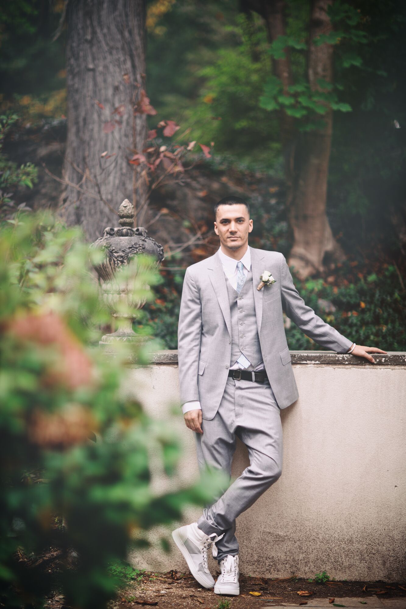 Gray Tuxedo with High Top Sneakers