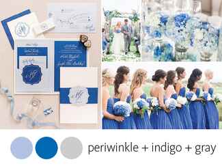 Periwinkle and indigo stationery bridesmaids dresses hyrangeas